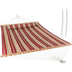 Sunnydaze Quilted Outdoor Hammock with Spreader Bars – Heavy-Duty 450-Pound Capacity Double Hammock for Outside – Awning Stripe(Red Stripe)