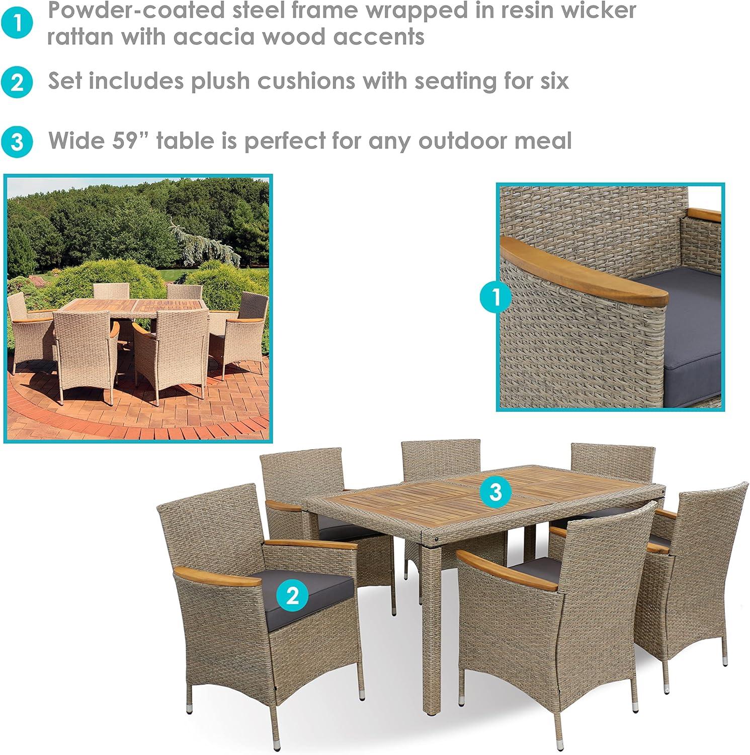 image:imageSunnydaze Foxford 7Piece Rattan and Acacia Outdoor Dining Set 1 Table and 6 Chairs with 6 Thick Seat Cushions