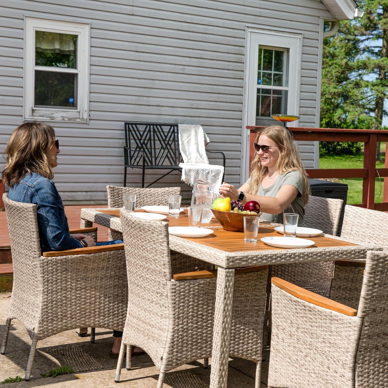 image:imageSunnydaze Foxford 7Piece Rattan and Acacia Outdoor Dining Set 1 Table and 6 Chairs with 6 Thick Seat Cushions
