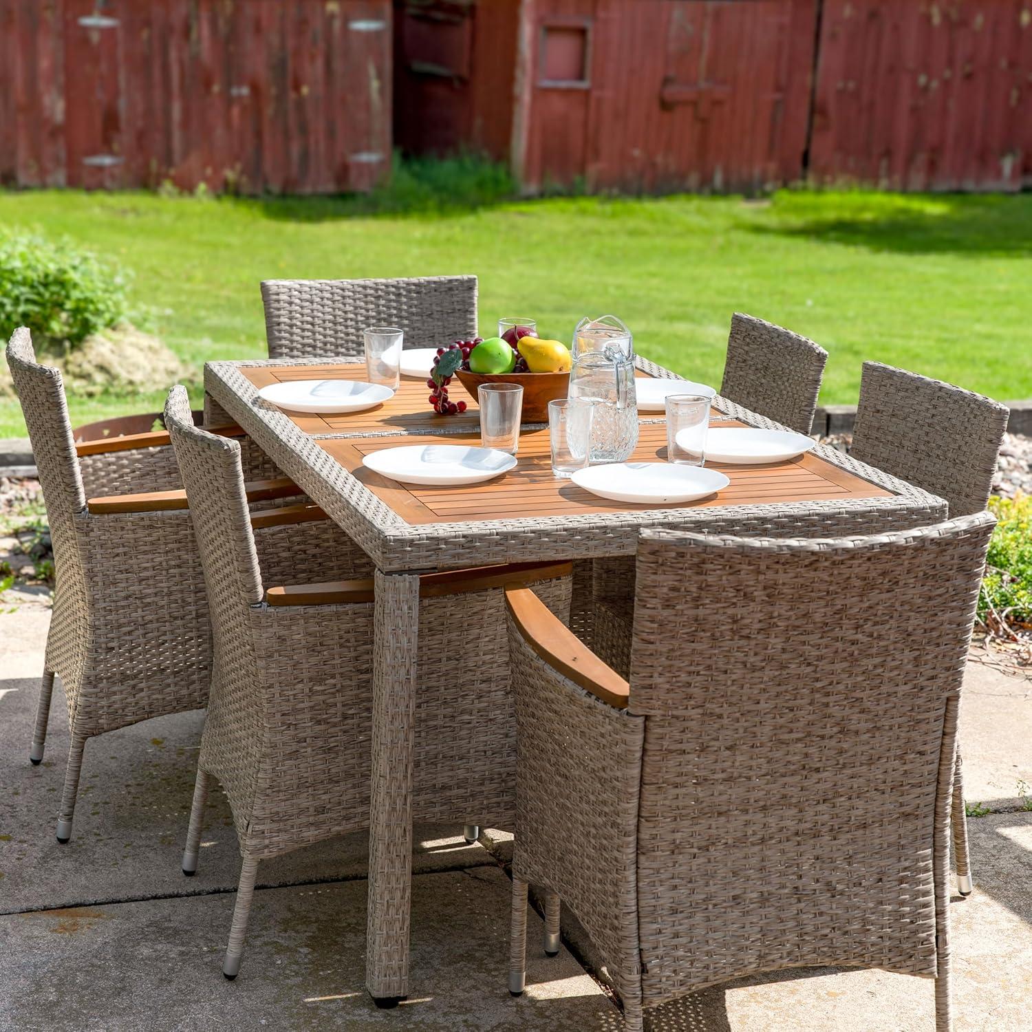 image:imageSunnydaze Foxford 7Piece Rattan and Acacia Outdoor Dining Set 1 Table and 6 Chairs with 6 Thick Seat Cushions