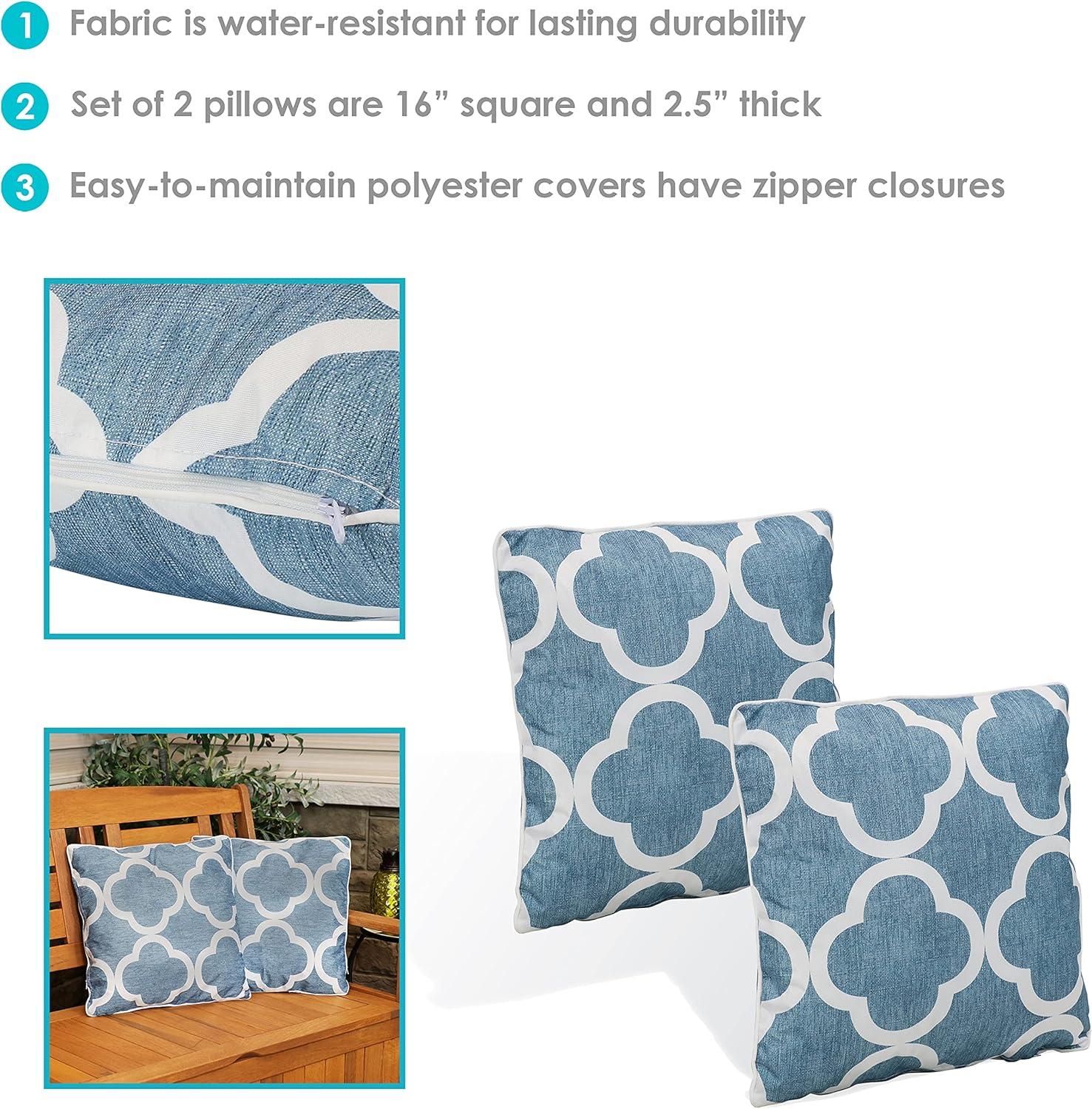 image:imageSunnydaze Set of 2 IndoorOutdoor Decorative Throw Pillows 16Inch Square Throw Pillows Pillow Set for Indoor or Outdoor Bench Chair or Loveseat Tan and White LatticeBlue and White Quatrefoil