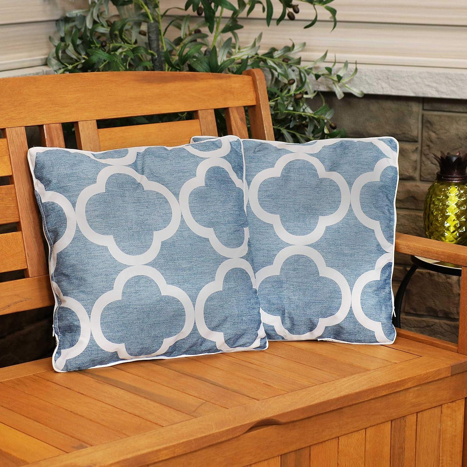 image:imageSunnydaze Set of 2 IndoorOutdoor Decorative Throw Pillows 16Inch Square Throw Pillows Pillow Set for Indoor or Outdoor Bench Chair or Loveseat Tan and White LatticeBlue and White Quatrefoil