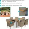 Sunnydaze Foxford 7-Piece Rattan and Acacia Outdoor Dining Set – 1 Table and 6 Chairs with 6 Thick Seat Cushions