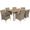 Sunnydaze Foxford 7-Piece Rattan and Acacia Outdoor Dining Set – 1 Table and 6 Chairs with 6 Thick Seat Cushions