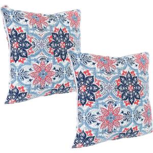 Sunnydaze 16-Inch Square Outdoor Decorative Throw Pillows – Set of 2 – Blue and White Quatrefoil(Blue and Red Floral)