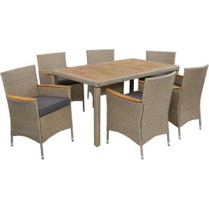 Sunnydaze Foxford 7-Piece Rattan and Acacia Outdoor Dining Set – 1 Table and 6 Chairs with 6 Thick Seat Cushions