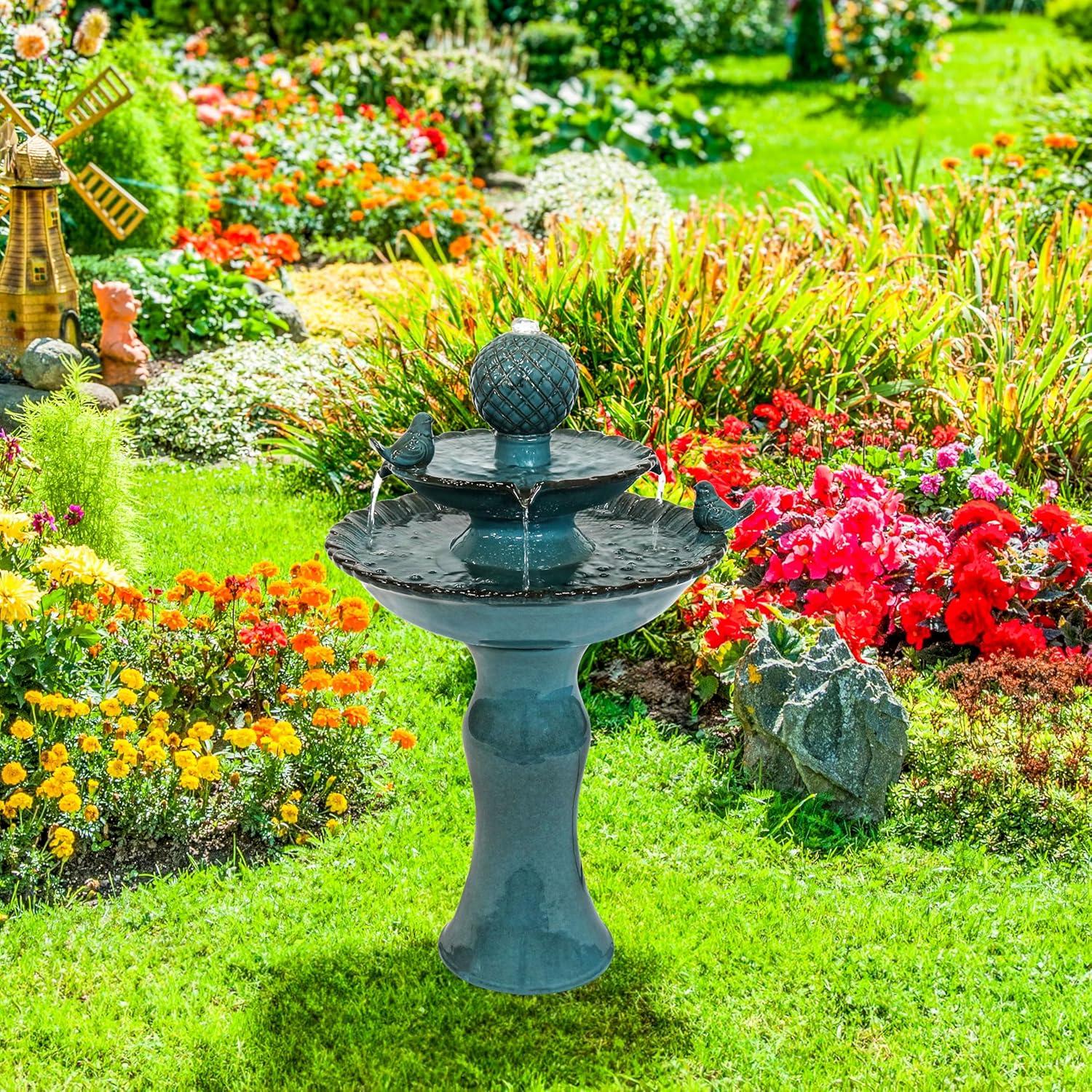 image:imageSunnydaze 27 H 2Tier Ceramic Water Fountain Outdoor Water Feature for Patio Yard Balcony Garden Fountain WhiteBlue