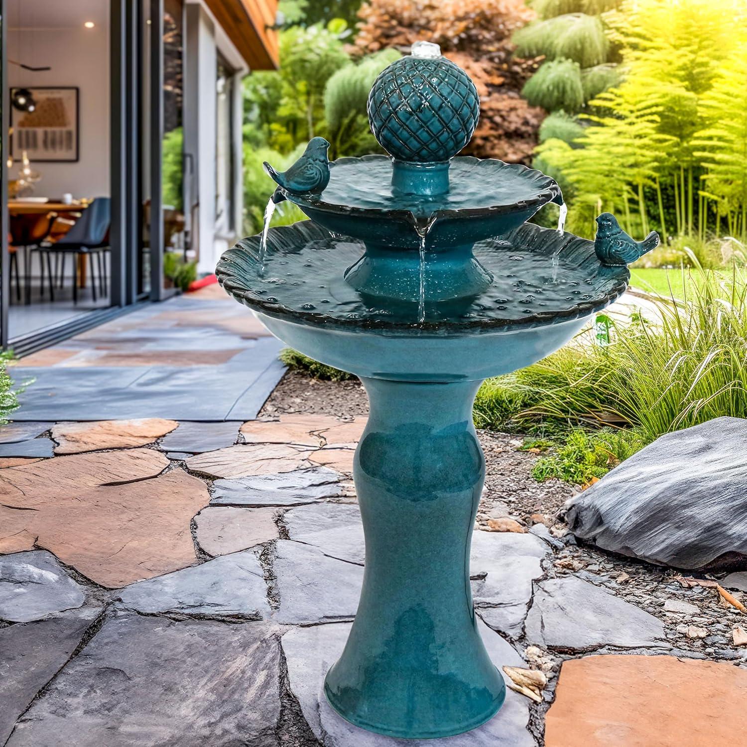 image:imageSunnydaze 27 H 2Tier Ceramic Water Fountain Outdoor Water Feature for Patio Yard Balcony Garden Fountain WhiteBlue