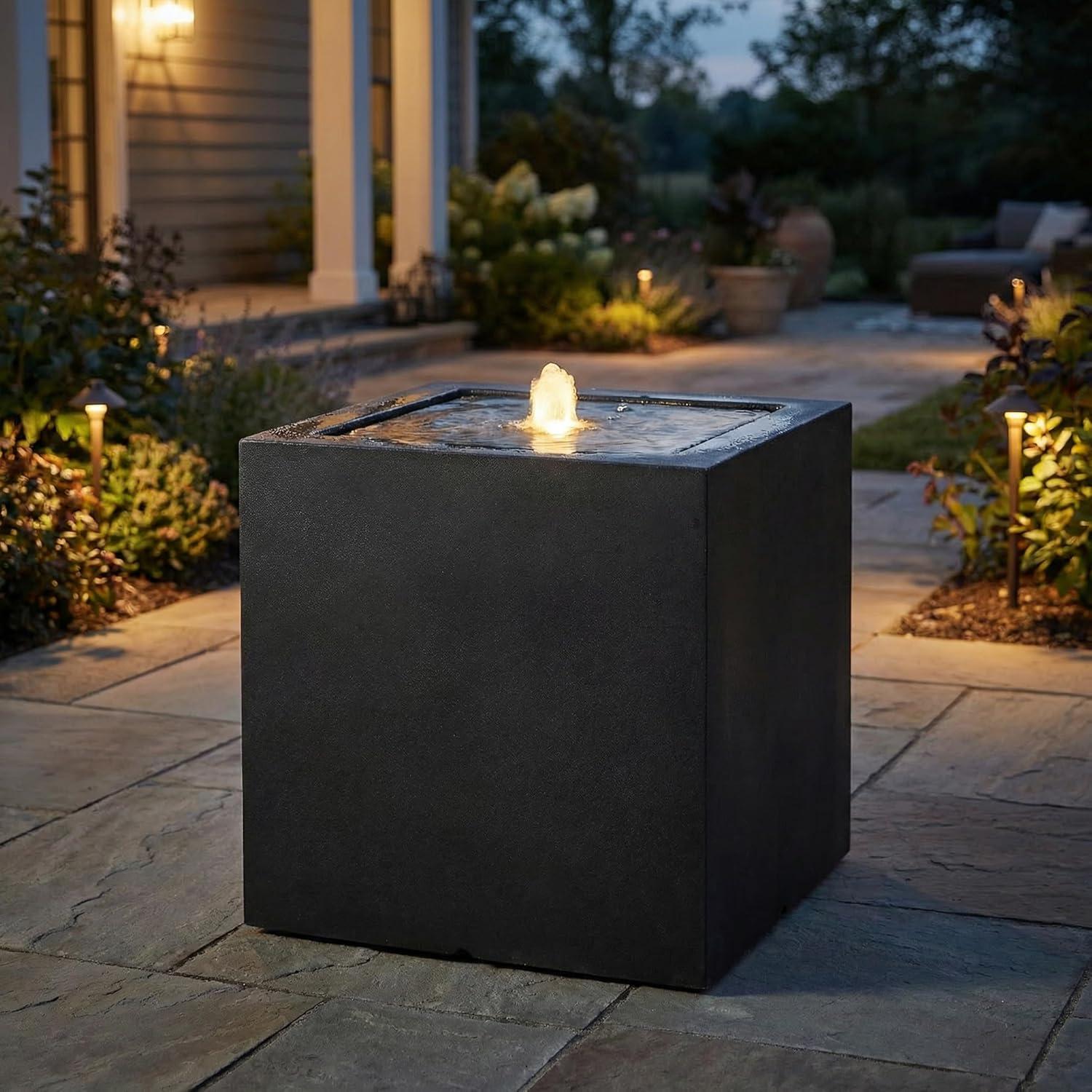 image:imageSunnydaze Outdoor Water Fountain with LED Light Modern Square Bubbler Water Feature with Pump 175 H for Patio Garden Deck Relaxation and Stress Relief BlackBlack