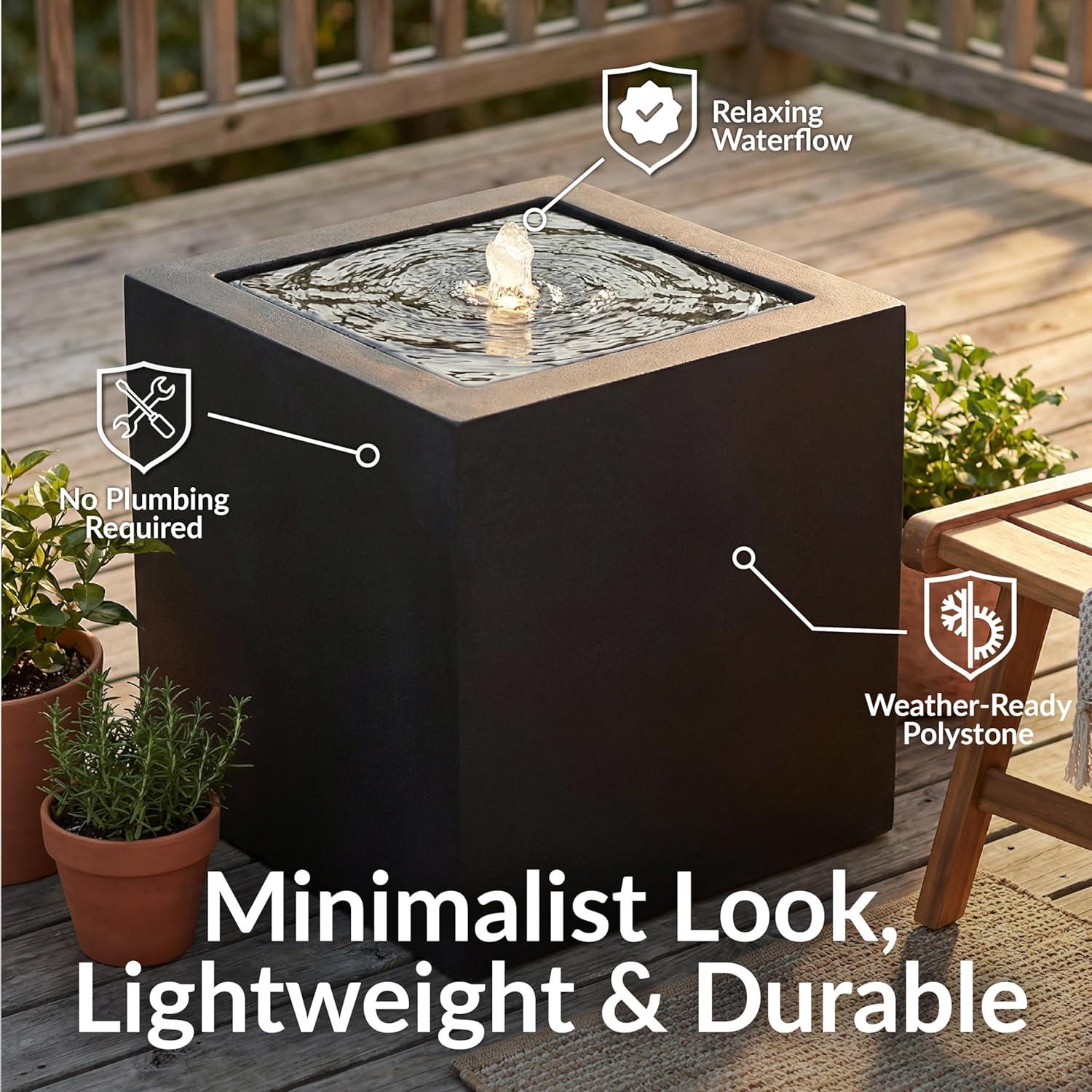 image:imageSunnydaze Outdoor Water Fountain with LED Light Modern Square Bubbler Water Feature with Pump 175 H for Patio Garden Deck Relaxation and Stress Relief BlackBlack