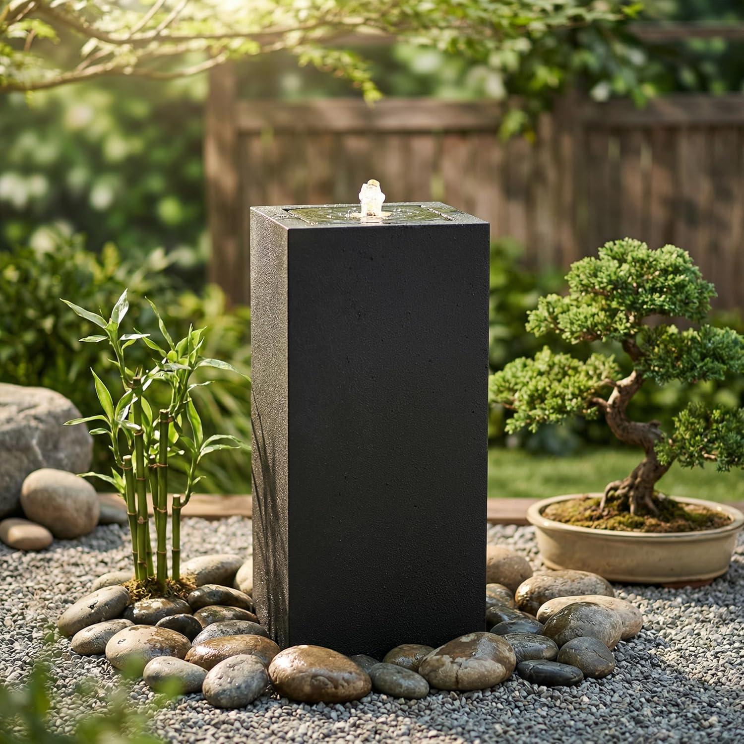 image:imageSunnydaze Outdoor Water Fountain with LED Light Modern Square Bubbler Water Feature with Pump 175 H for Patio Garden Deck Relaxation and Stress Relief BlackBlack