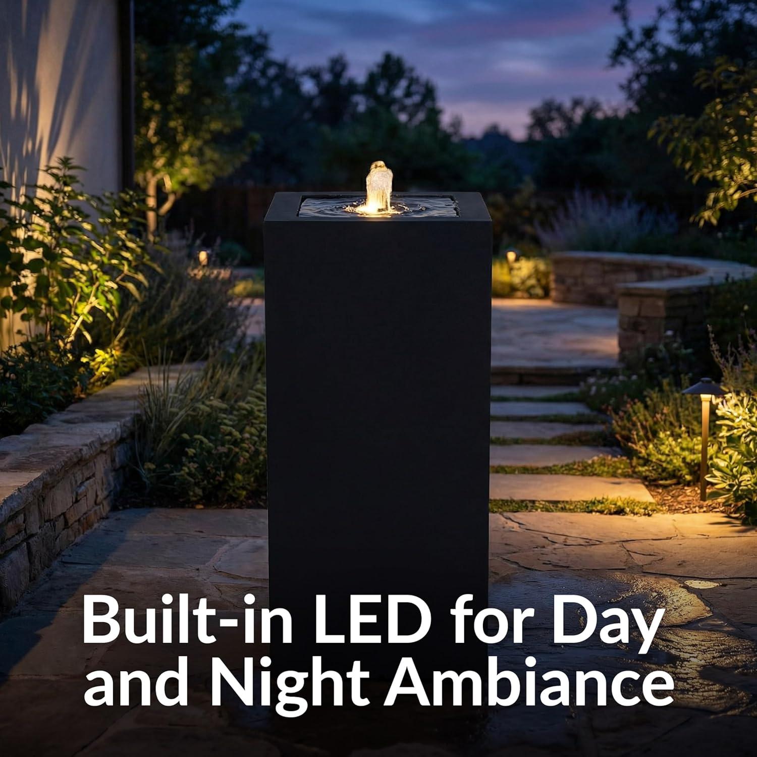 image:imageSunnydaze Outdoor Water Fountain with LED Light Modern Square Bubbler Water Feature with Pump 175 H for Patio Garden Deck Relaxation and Stress Relief BlackBlack
