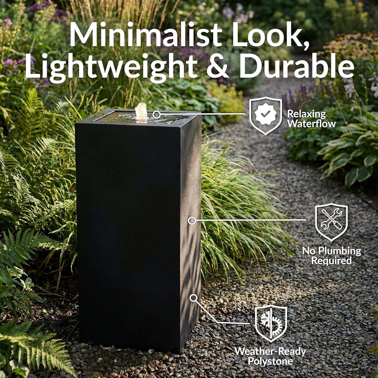 image:imageSunnydaze Outdoor Water Fountain with LED Light Modern Square Bubbler Water Feature with Pump 175 H for Patio Garden Deck Relaxation and Stress Relief BlackBlack