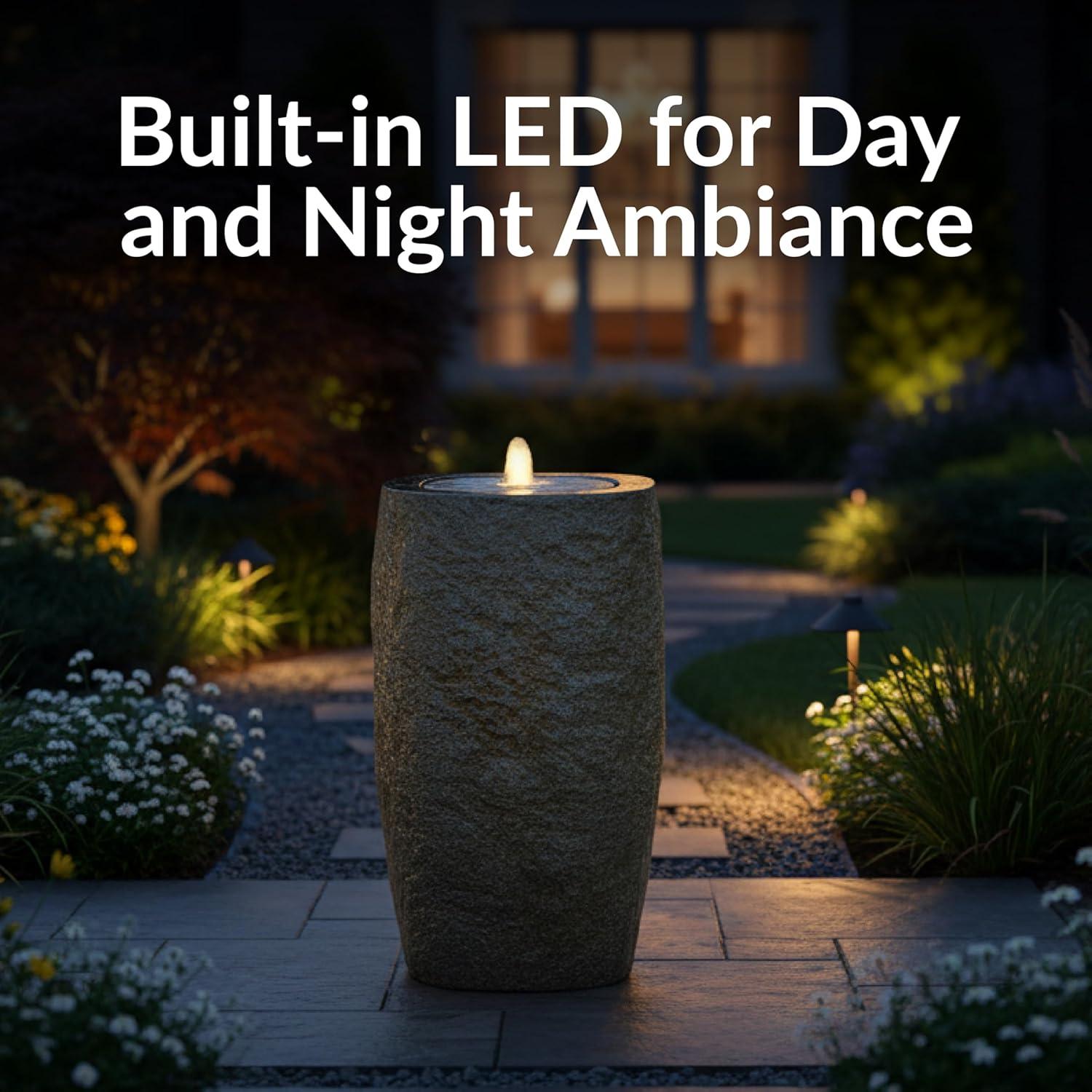 image:imageSunnydaze Outdoor Water Fountain with LED Light Polystone Cylinder Bowl Bubbler Water Feature with Pump 295 H for Patio Garden Deck Relaxation and Stress Relief BrownGray
