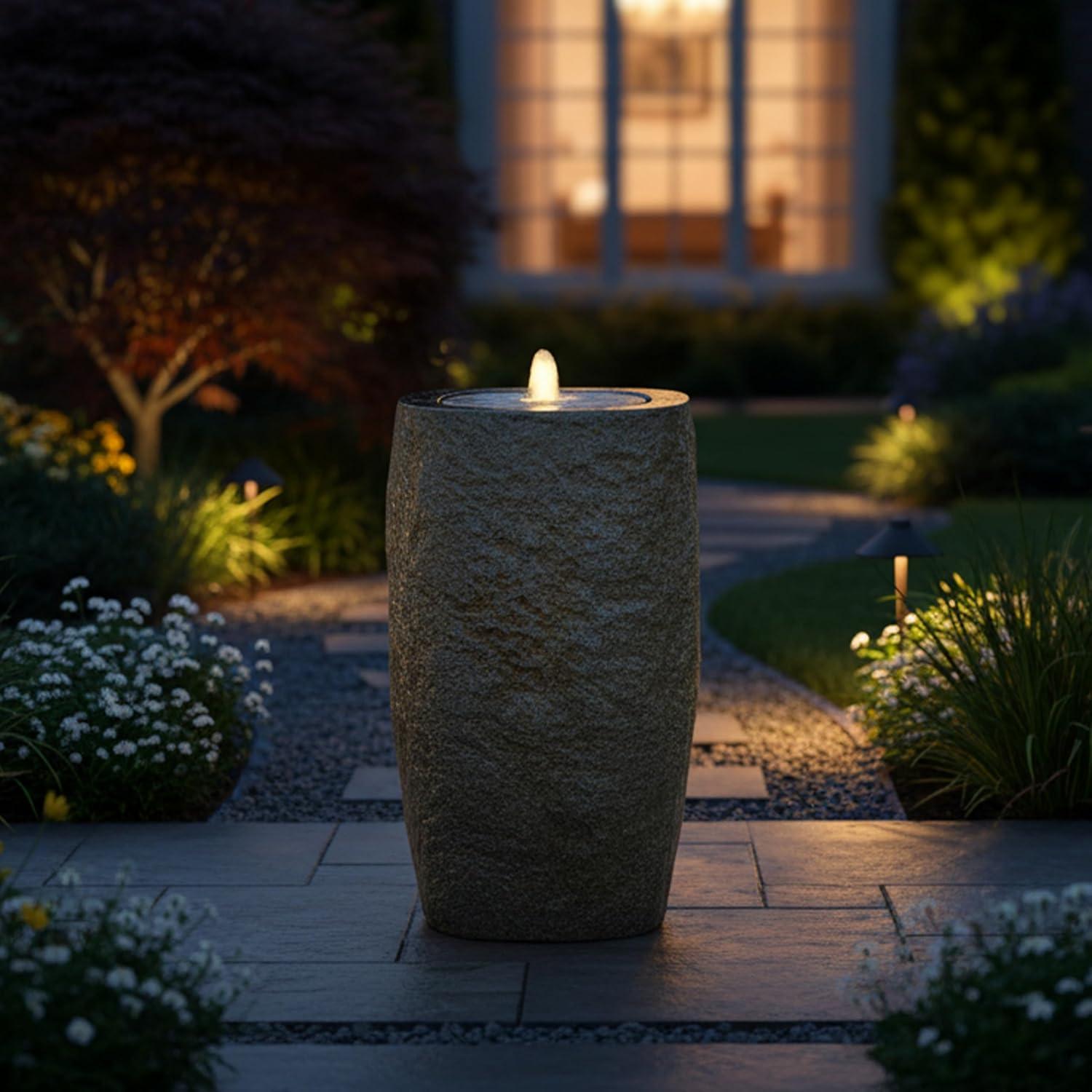 image:imageSunnydaze Outdoor Water Fountain with LED Light Polystone Cylinder Bowl Bubbler Water Feature with Pump 295 H for Patio Garden Deck Relaxation and Stress Relief BrownGray