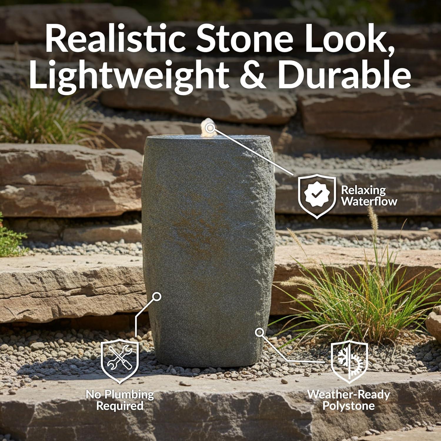 image:imageSunnydaze Outdoor Water Fountain with LED Light Polystone Cylinder Bowl Bubbler Water Feature with Pump 295 H for Patio Garden Deck Relaxation and Stress Relief BrownGray