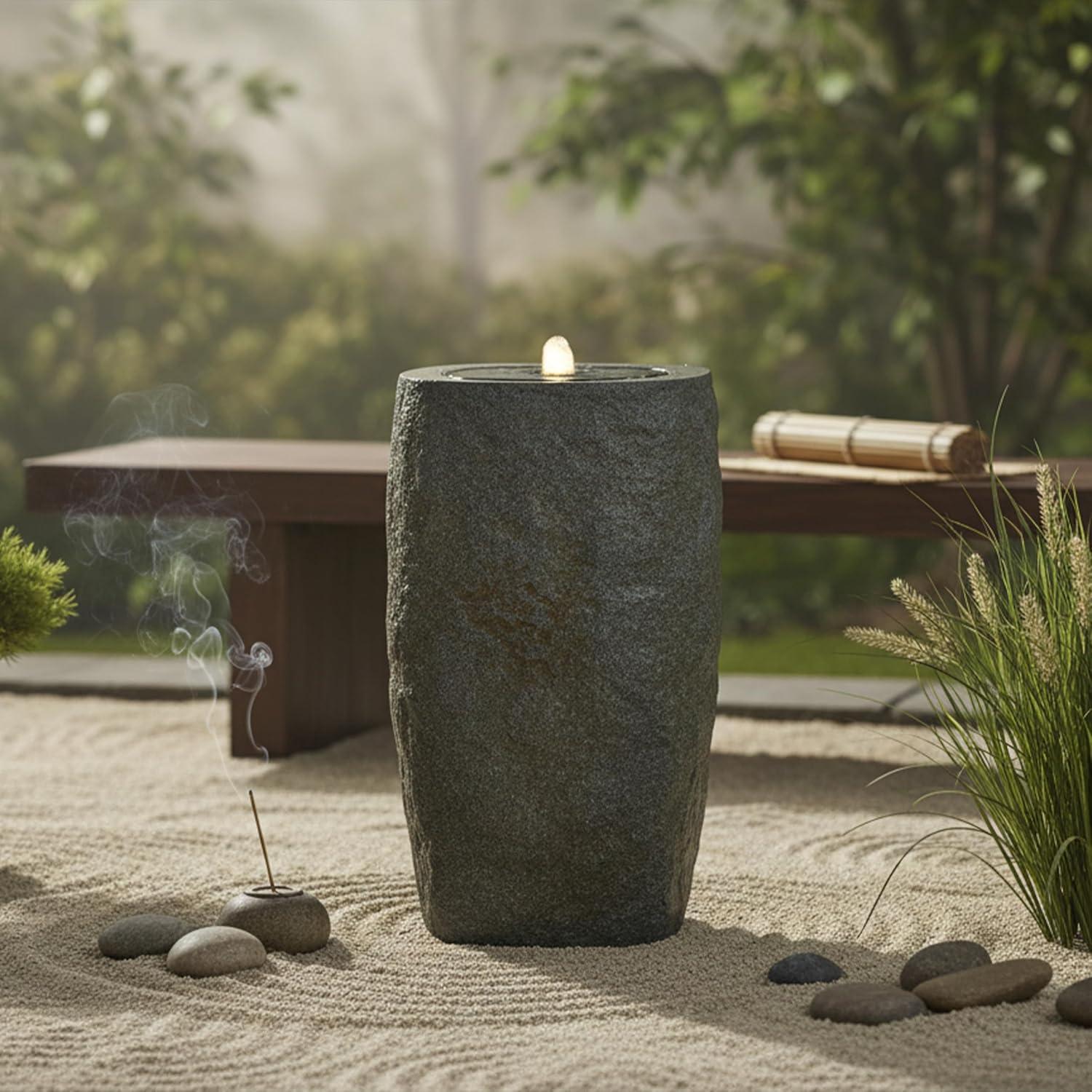 image:imageSunnydaze Outdoor Water Fountain with LED Light Polystone Cylinder Bowl Bubbler Water Feature with Pump 295 H for Patio Garden Deck Relaxation and Stress Relief BrownGray