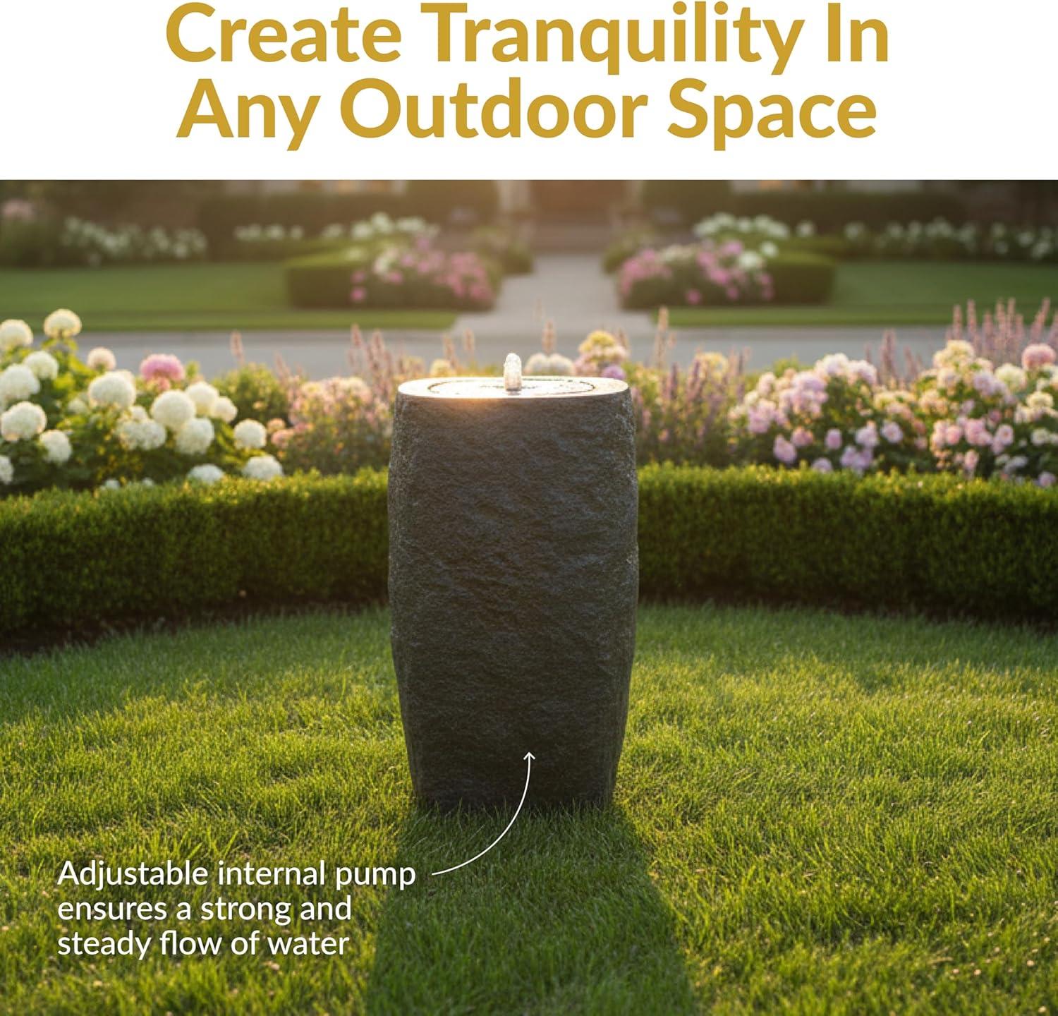 image:imageSunnydaze Outdoor Water Fountain with LED Light Polystone Cylinder Bowl Bubbler Water Feature with Pump 295 H for Patio Garden Deck Relaxation and Stress Relief BrownGray