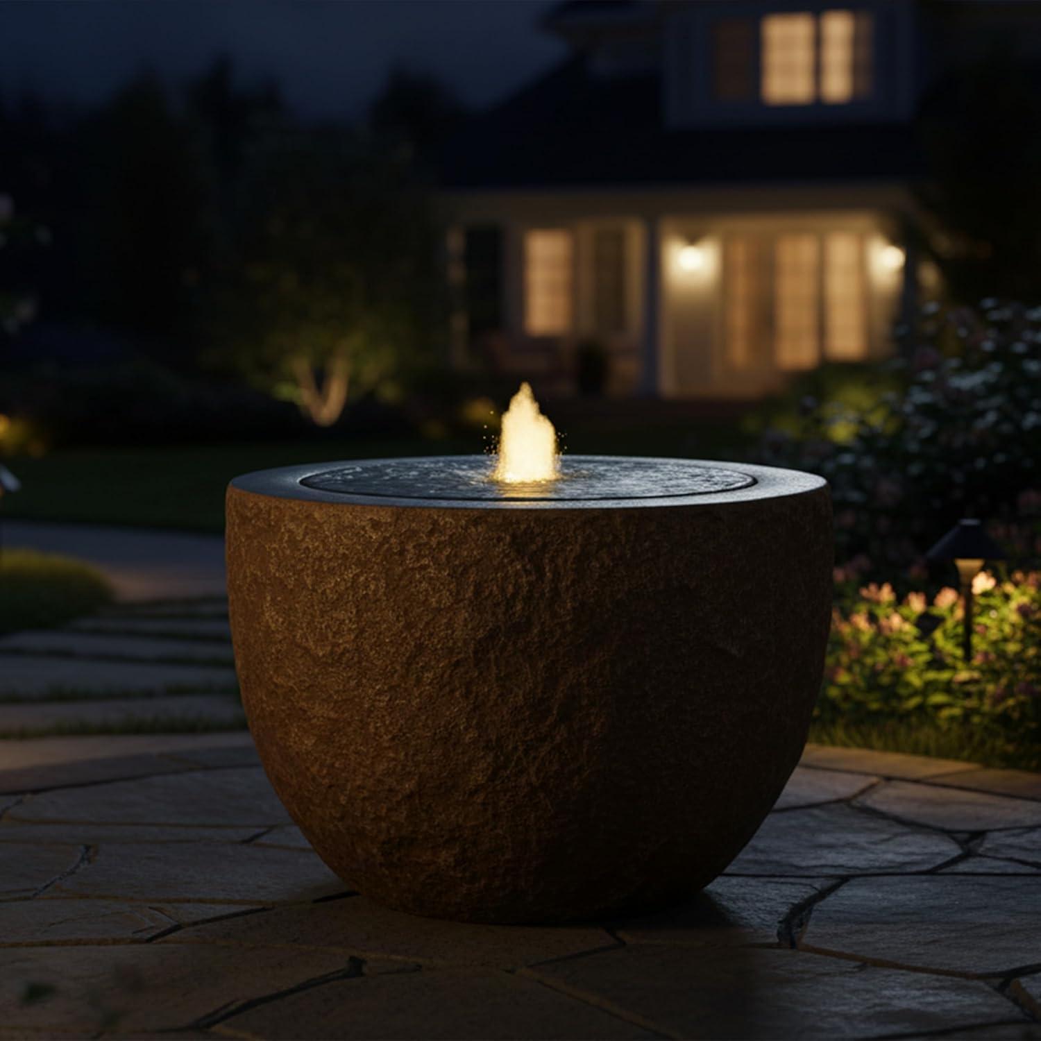 image:imageSunnydaze Outdoor Water Fountain with LED Light Polystone Round Bowl Bubbler Water Feature with Pump 95 H for Patio Garden Deck Relaxation and Stress Relief GrayBrown
