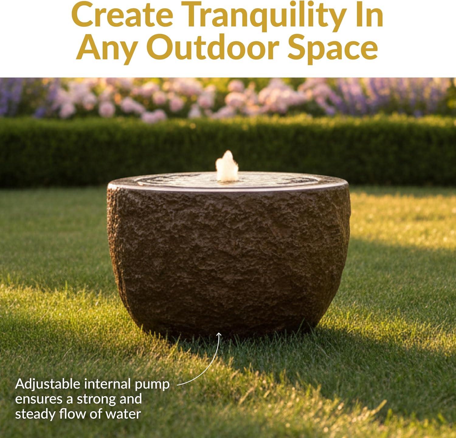image:imageSunnydaze Outdoor Water Fountain with LED Light Polystone Round Bowl Bubbler Water Feature with Pump 95 H for Patio Garden Deck Relaxation and Stress Relief GrayBrown