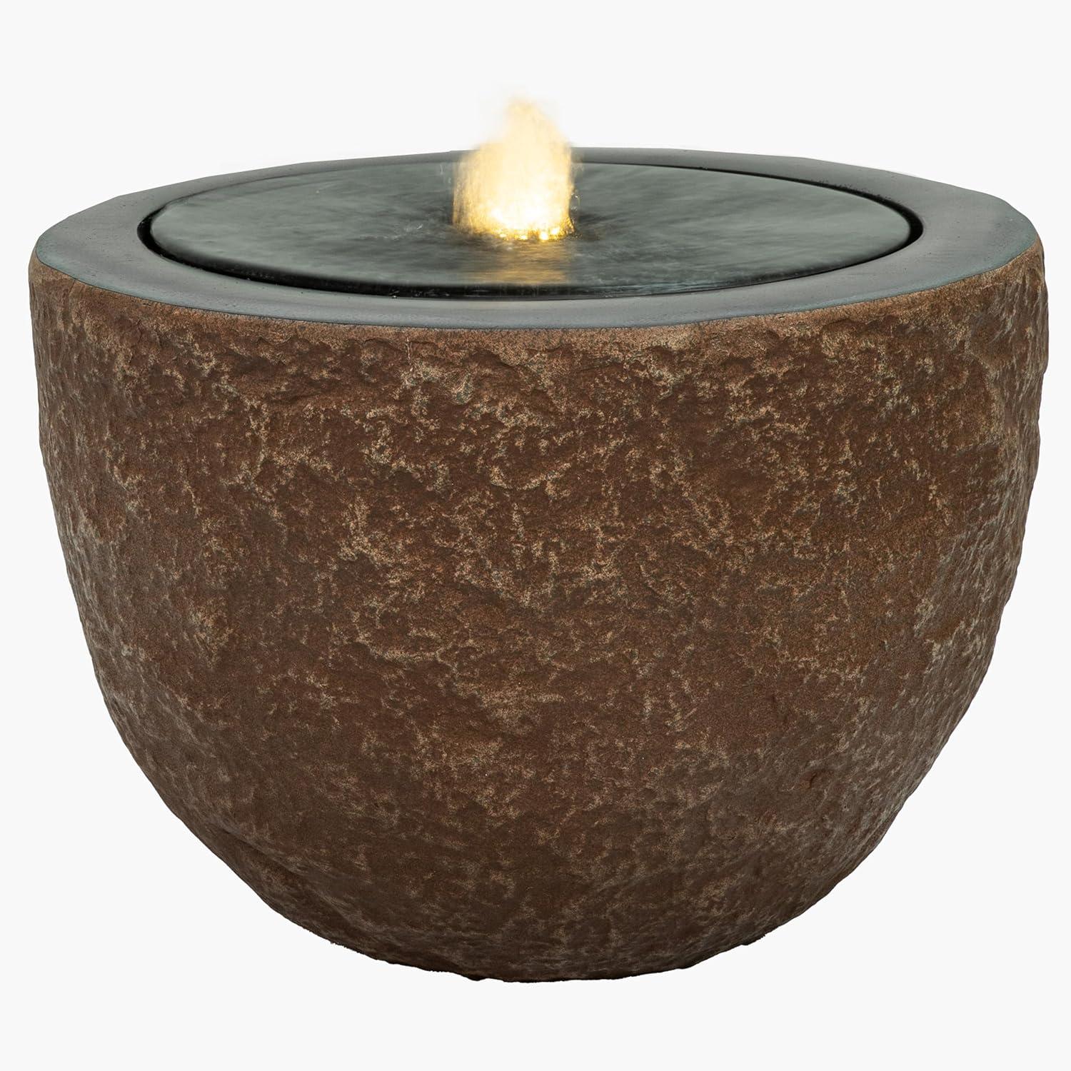 image:imageSunnydaze Outdoor Water Fountain with LED Light Polystone Round Bowl Bubbler Water Feature with Pump 95 H for Patio Garden Deck Relaxation and Stress Relief GrayBrown