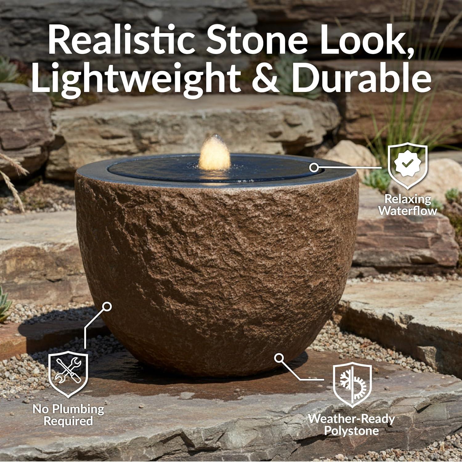 image:imageSunnydaze Outdoor Water Fountain with LED Light Polystone Round Bowl Bubbler Water Feature with Pump 95 H for Patio Garden Deck Relaxation and Stress Relief GrayBrown