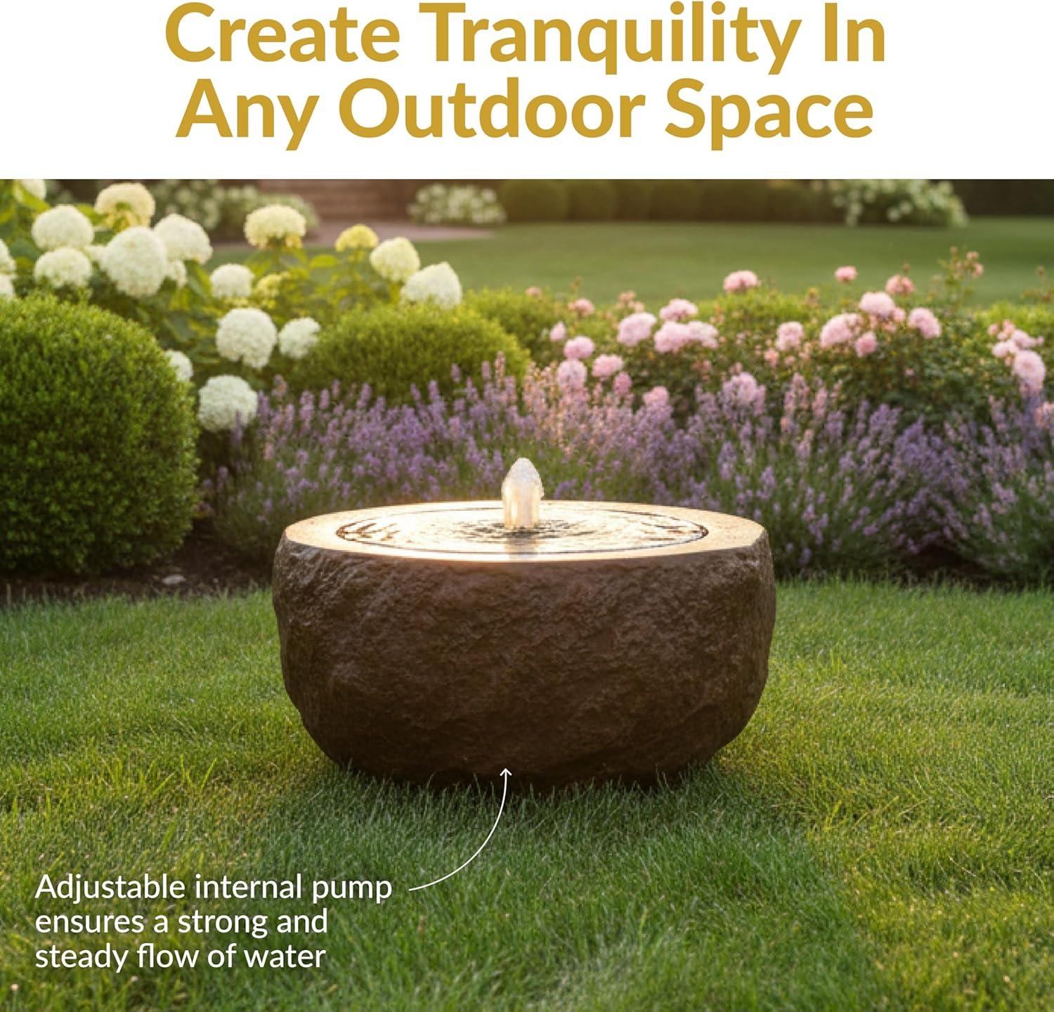image:imageSunnydaze Outdoor Water Fountain with LED Light Polystone Round Bowl Bubbler Water Feature with Pump 95 H for Patio Garden Deck Relaxation and Stress Relief GrayBrown