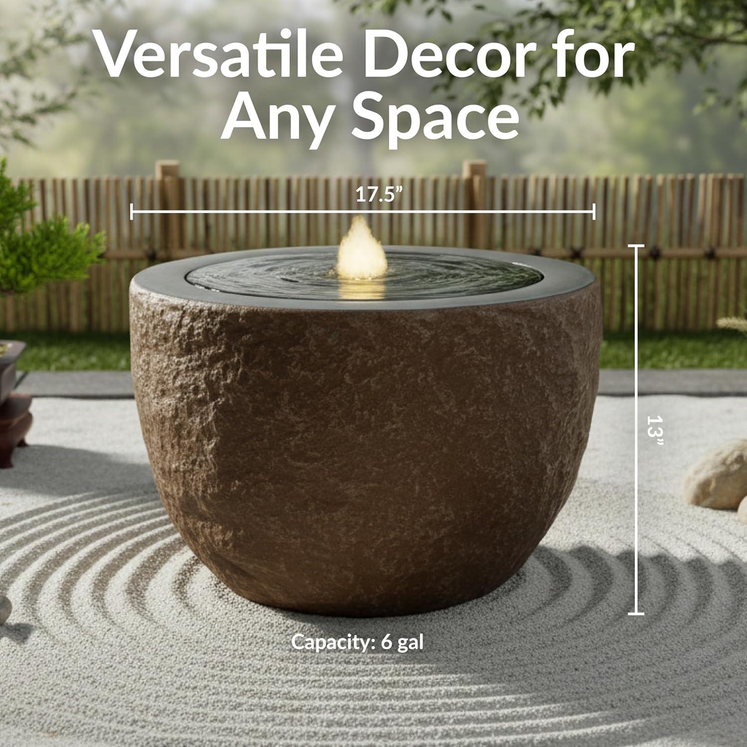 image:imageSunnydaze Outdoor Water Fountain with LED Light Polystone Round Bowl Bubbler Water Feature with Pump 95 H for Patio Garden Deck Relaxation and Stress Relief GrayBrown