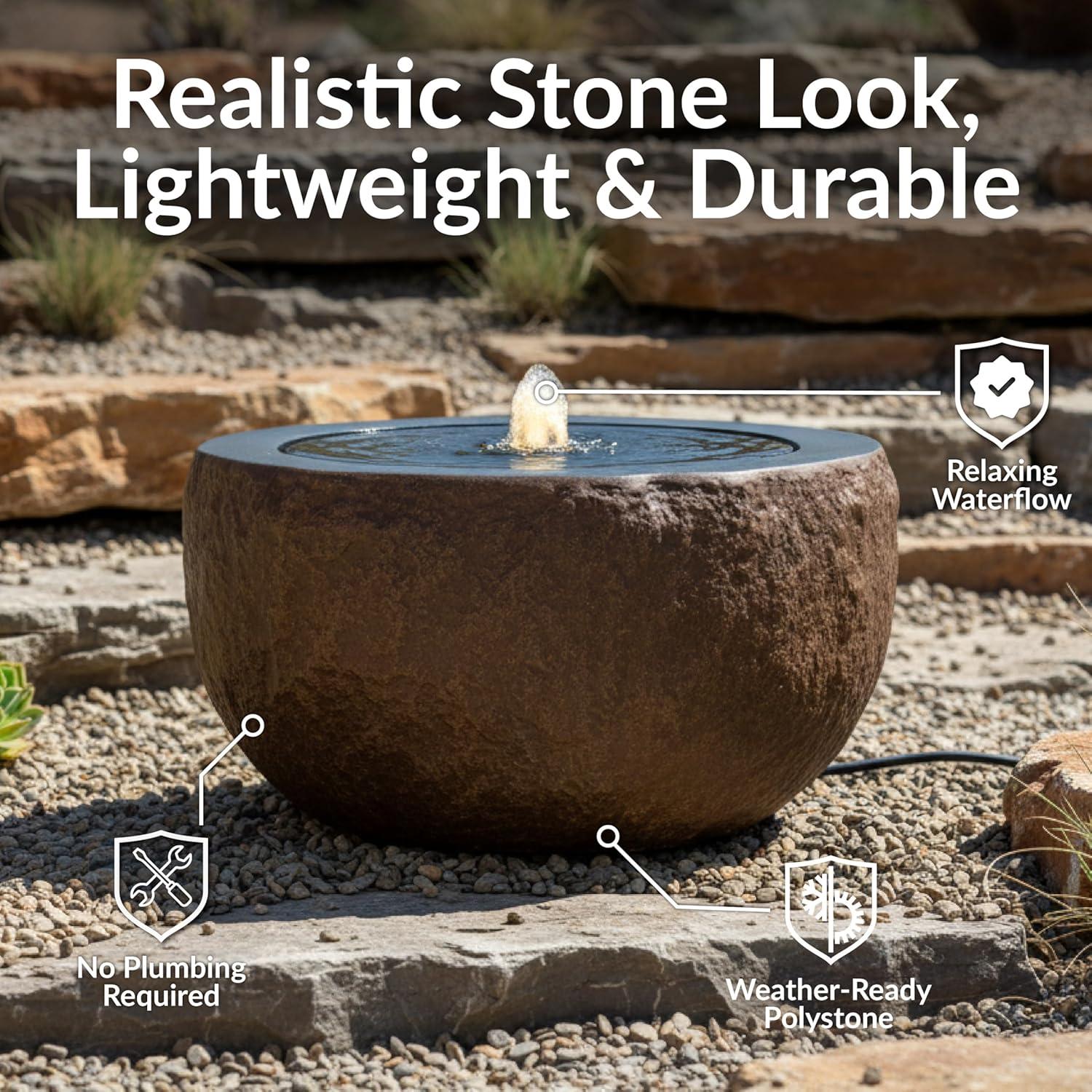 image:imageSunnydaze Outdoor Water Fountain with LED Light Polystone Round Bowl Bubbler Water Feature with Pump 95 H for Patio Garden Deck Relaxation and Stress Relief GrayBrown