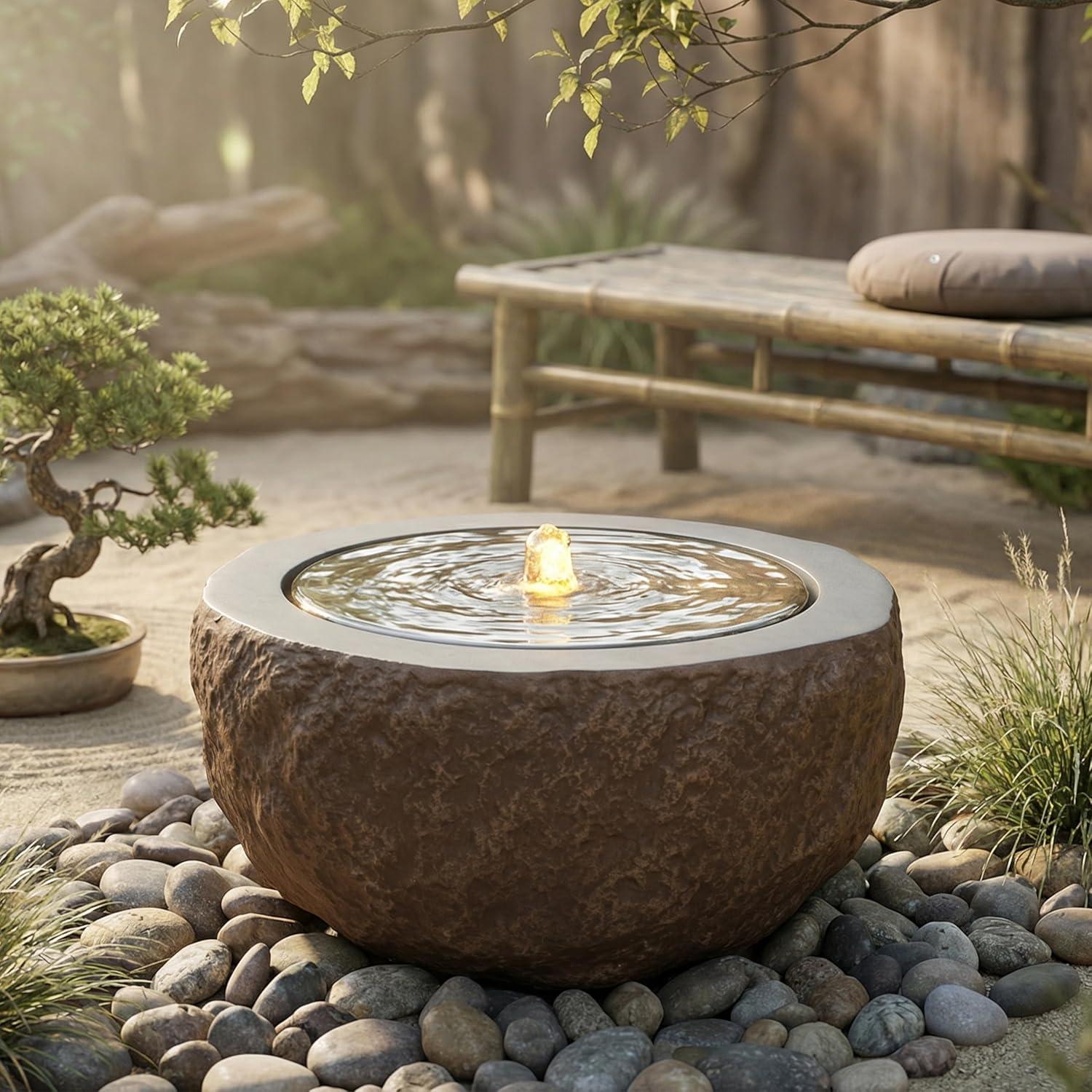 image:imageSunnydaze Outdoor Water Fountain with LED Light Polystone Round Bowl Bubbler Water Feature with Pump 95 H for Patio Garden Deck Relaxation and Stress Relief GrayBrown