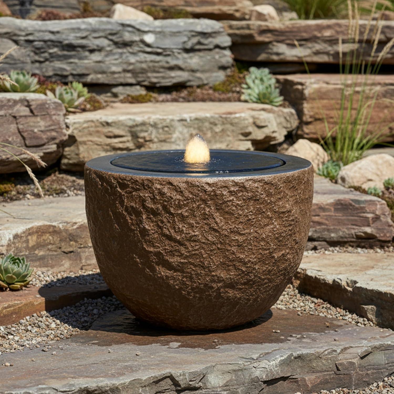image:imageSunnydaze Outdoor Water Fountain with LED Light Polystone Round Bowl Bubbler Water Feature with Pump 95 H for Patio Garden Deck Relaxation and Stress Relief GrayBrown