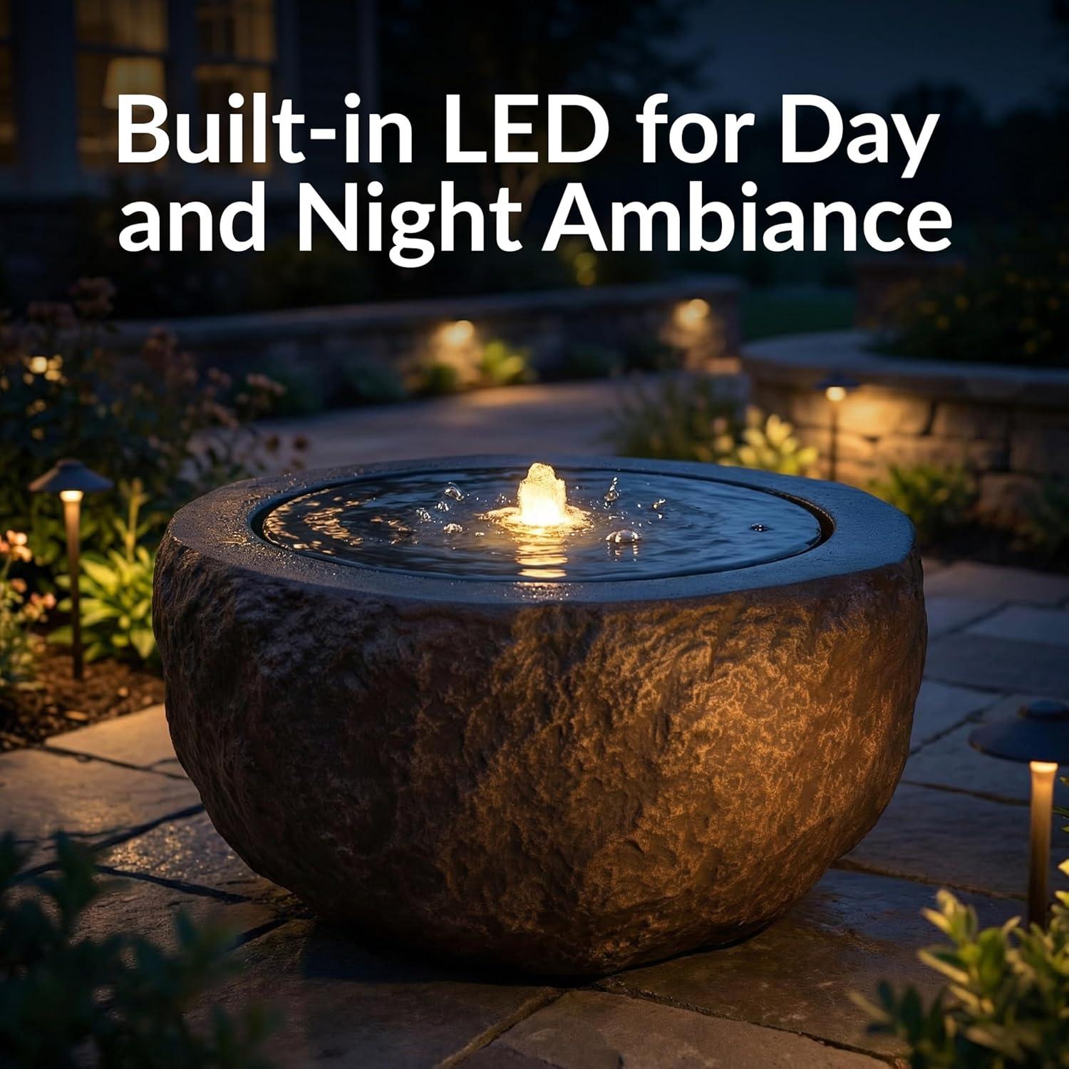 image:imageSunnydaze Outdoor Water Fountain with LED Light Polystone Round Bowl Bubbler Water Feature with Pump 95 H for Patio Garden Deck Relaxation and Stress Relief GrayBrown
