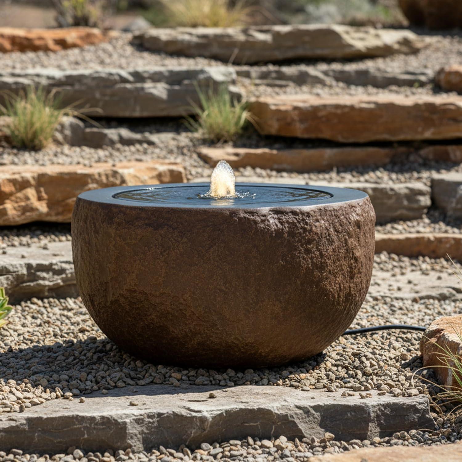 image:imageSunnydaze Outdoor Water Fountain with LED Light Polystone Round Bowl Bubbler Water Feature with Pump 95 H for Patio Garden Deck Relaxation and Stress Relief GrayBrown