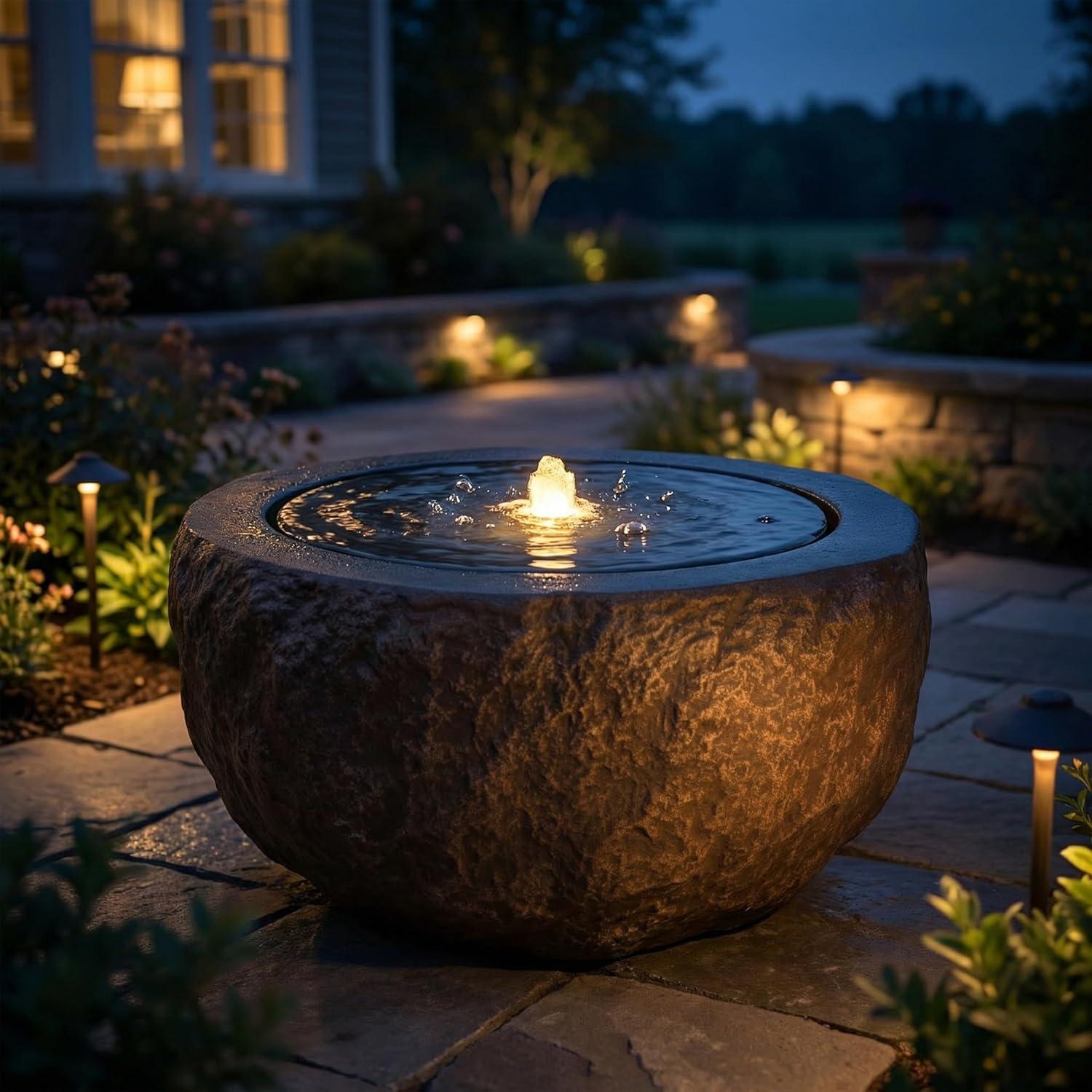 image:imageSunnydaze Outdoor Water Fountain with LED Light Polystone Round Bowl Bubbler Water Feature with Pump 95 H for Patio Garden Deck Relaxation and Stress Relief GrayBrown