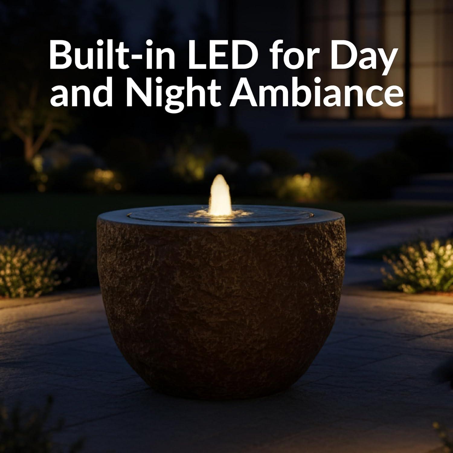 image:imageSunnydaze Outdoor Water Fountain with LED Light Polystone Round Bowl Bubbler Water Feature with Pump 95 H for Patio Garden Deck Relaxation and Stress Relief GrayBrown