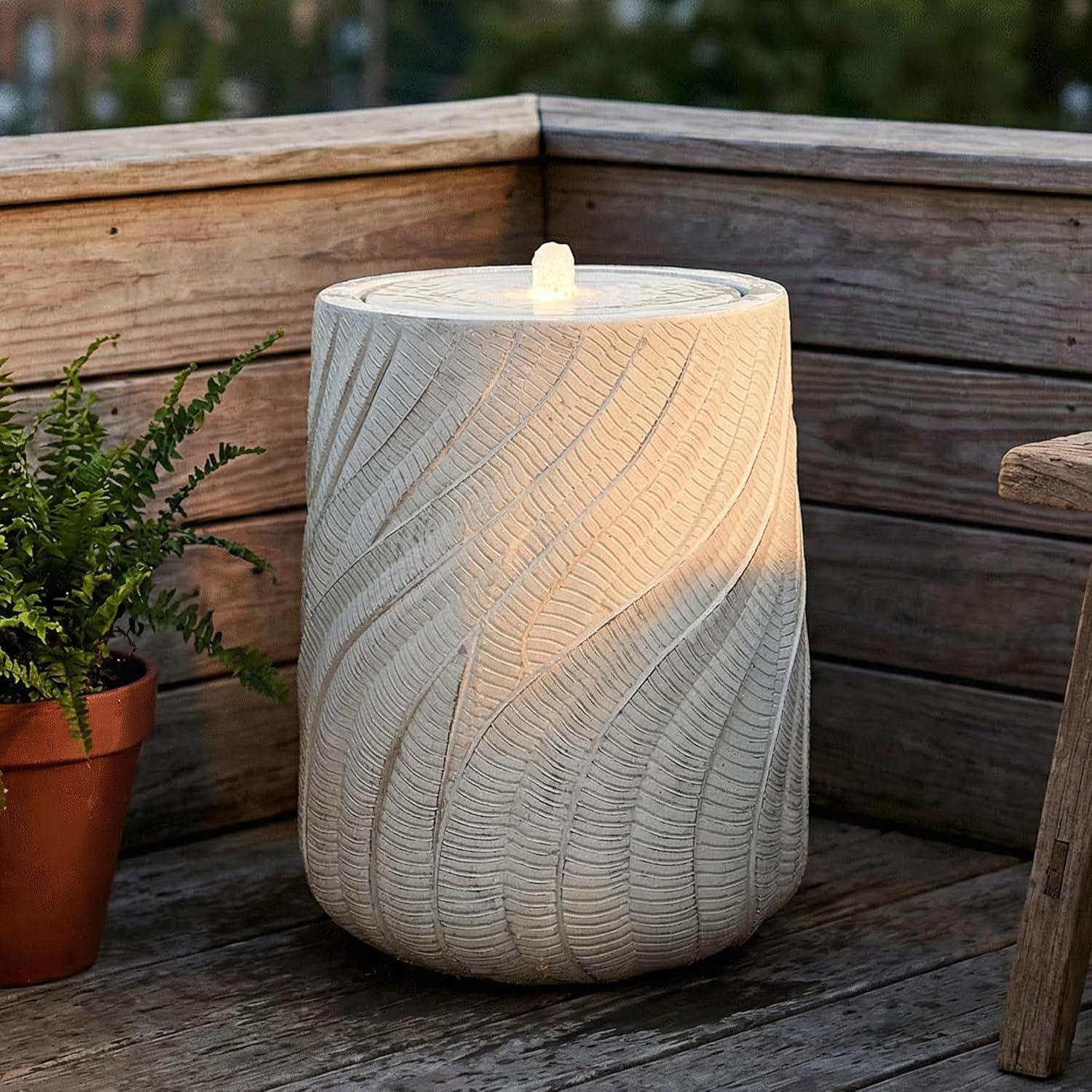 image:imageSunnydaze Outdoor Water Fountain with LED Light Textured Spiral Bubbler Water Feature with Pump 22 H for Patio Garden Deck Relaxation and Stress Relief WhiteWhite