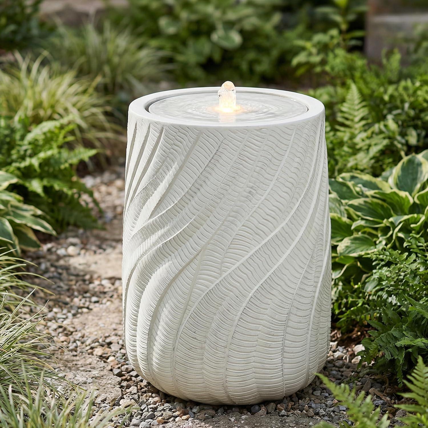 image:imageSunnydaze Outdoor Water Fountain with LED Light Textured Spiral Bubbler Water Feature with Pump 22 H for Patio Garden Deck Relaxation and Stress Relief WhiteWhite