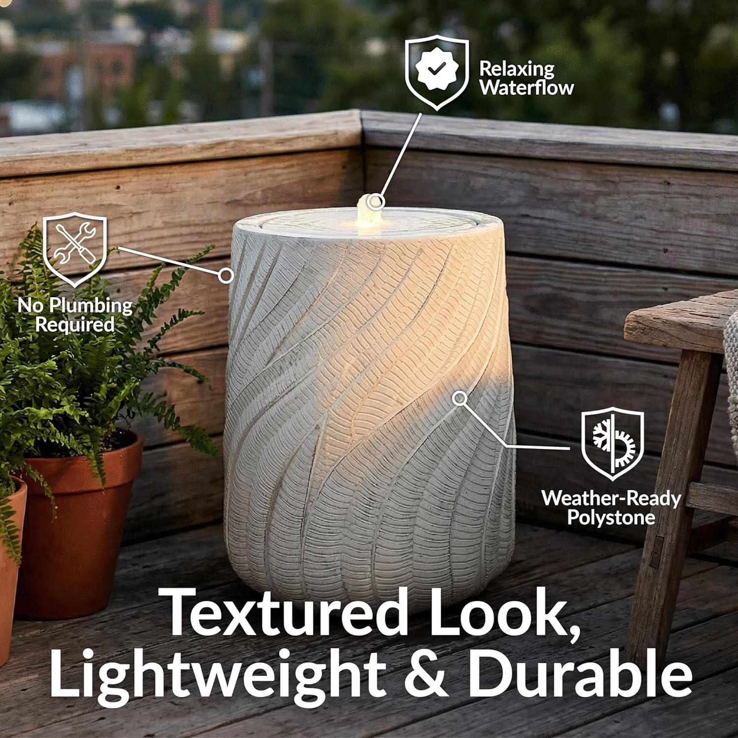 image:imageSunnydaze Outdoor Water Fountain with LED Light Textured Spiral Bubbler Water Feature with Pump 22 H for Patio Garden Deck Relaxation and Stress Relief WhiteWhite