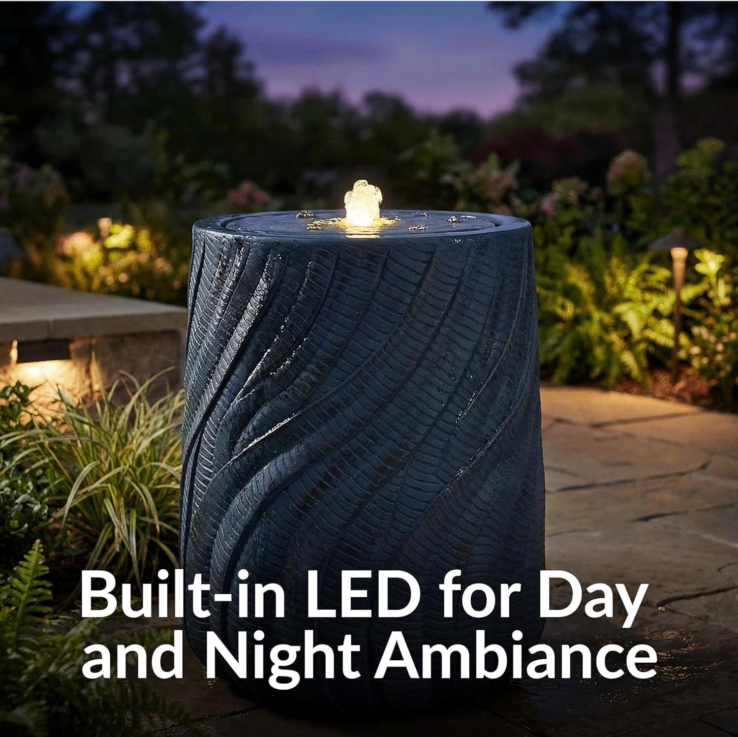 image:imageSunnydaze Outdoor Water Fountain with LED Light Textured Spiral Bubbler Water Feature with Pump 22 H for Patio Garden Deck Relaxation and Stress Relief WhiteBlue