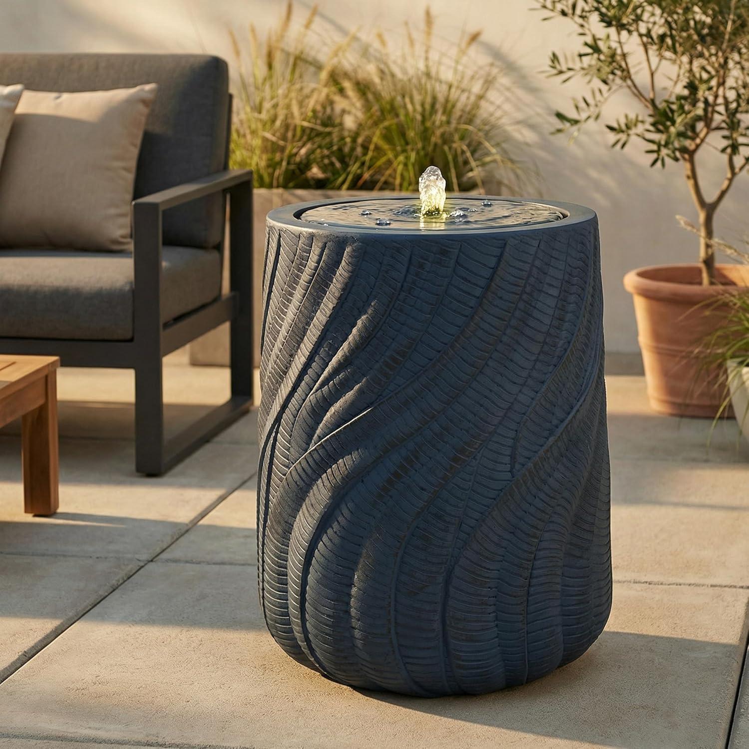 image:imageSunnydaze Outdoor Water Fountain with LED Light Textured Spiral Bubbler Water Feature with Pump 22 H for Patio Garden Deck Relaxation and Stress Relief WhiteBlue