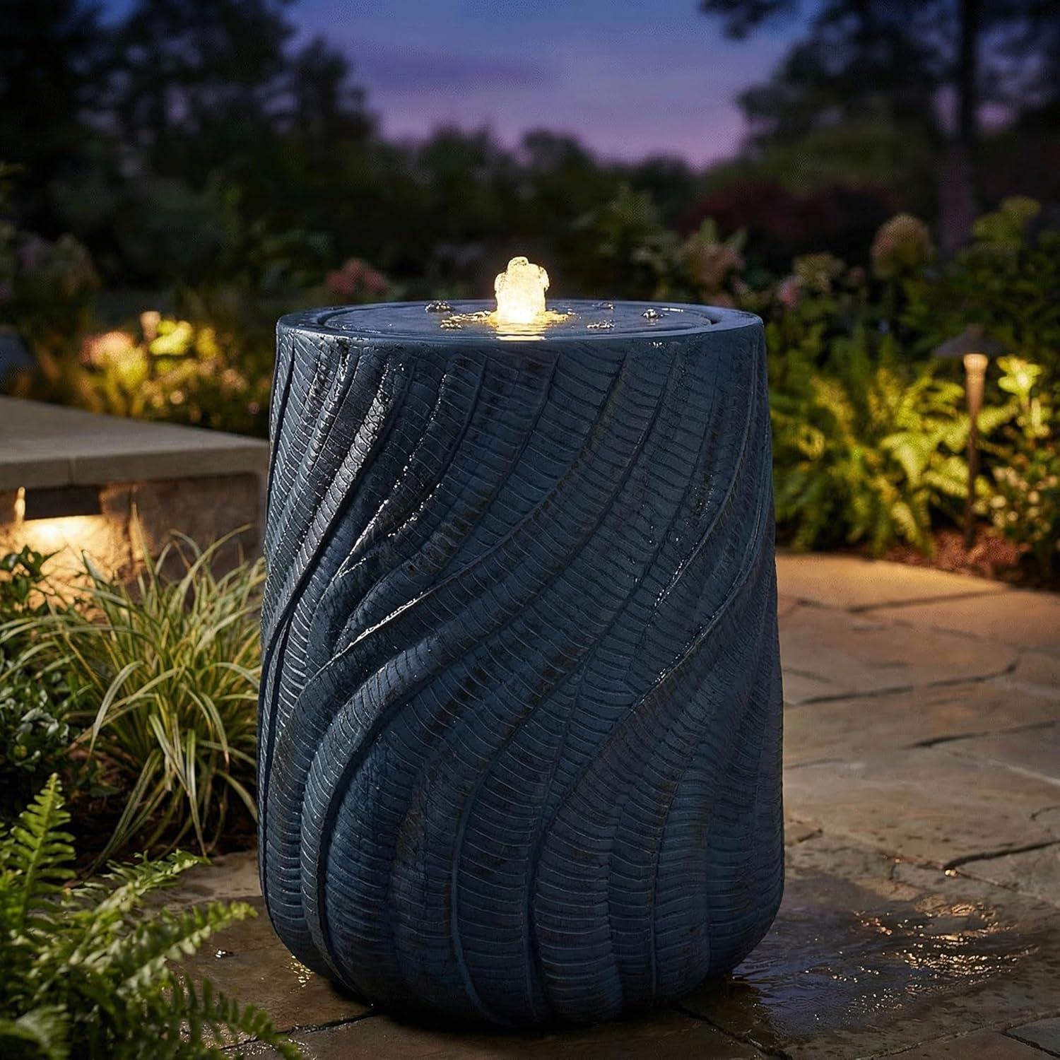 image:imageSunnydaze Outdoor Water Fountain with LED Light Textured Spiral Bubbler Water Feature with Pump 22 H for Patio Garden Deck Relaxation and Stress Relief WhiteBlue
