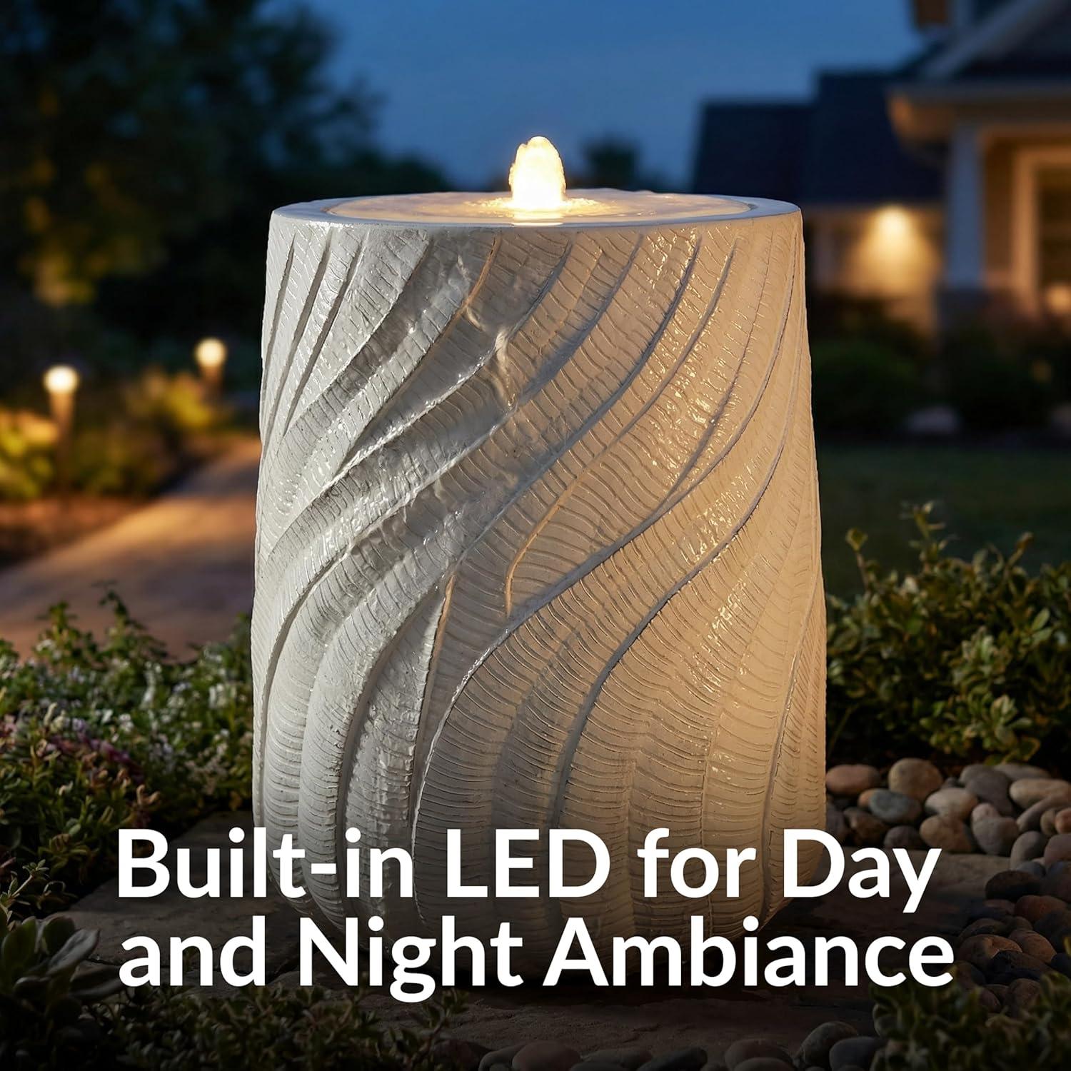 image:imageSunnydaze Outdoor Water Fountain with LED Light Textured Spiral Bubbler Water Feature with Pump 22 H for Patio Garden Deck Relaxation and Stress Relief WhiteWhite