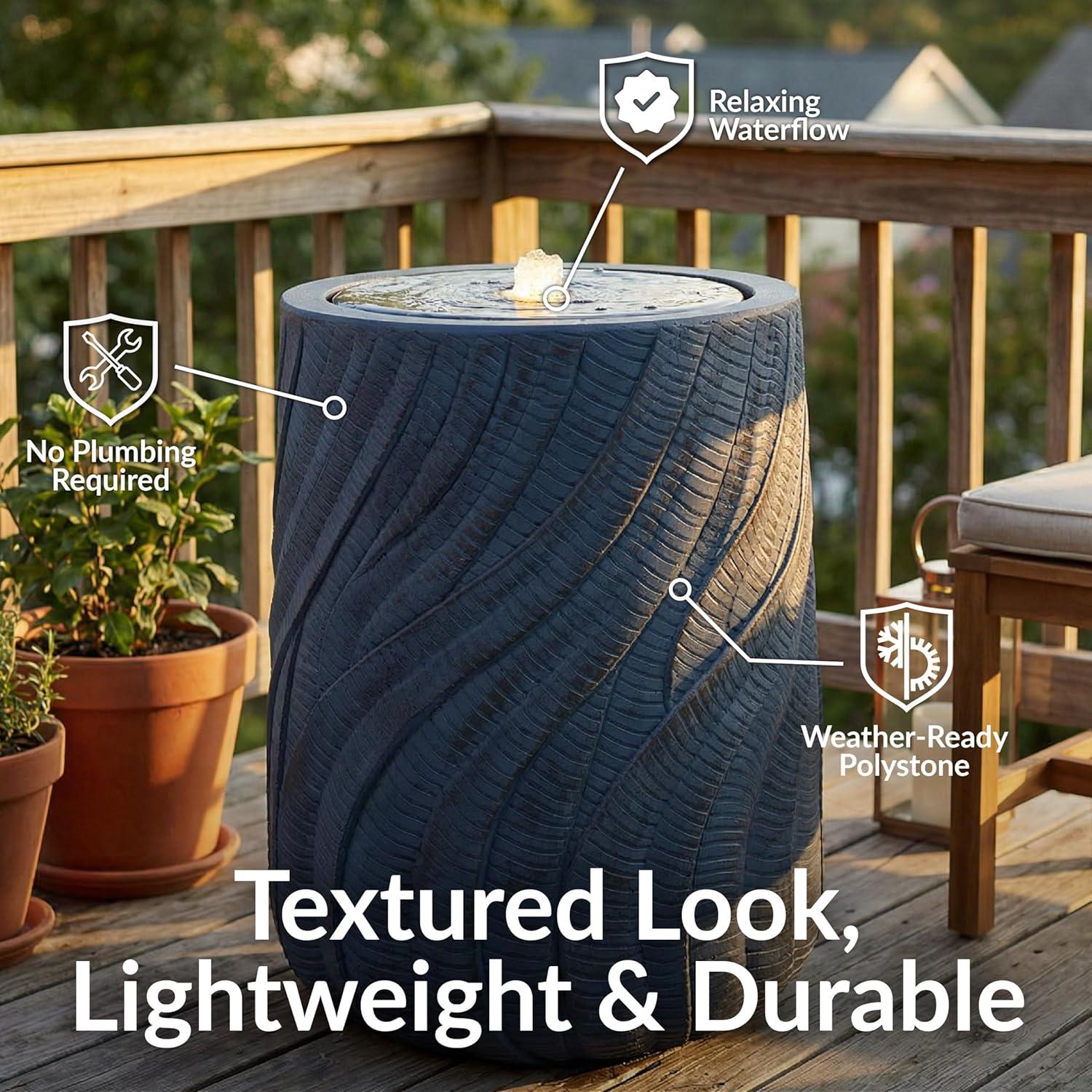 image:imageSunnydaze Outdoor Water Fountain with LED Light Textured Spiral Bubbler Water Feature with Pump 22 H for Patio Garden Deck Relaxation and Stress Relief WhiteBlue