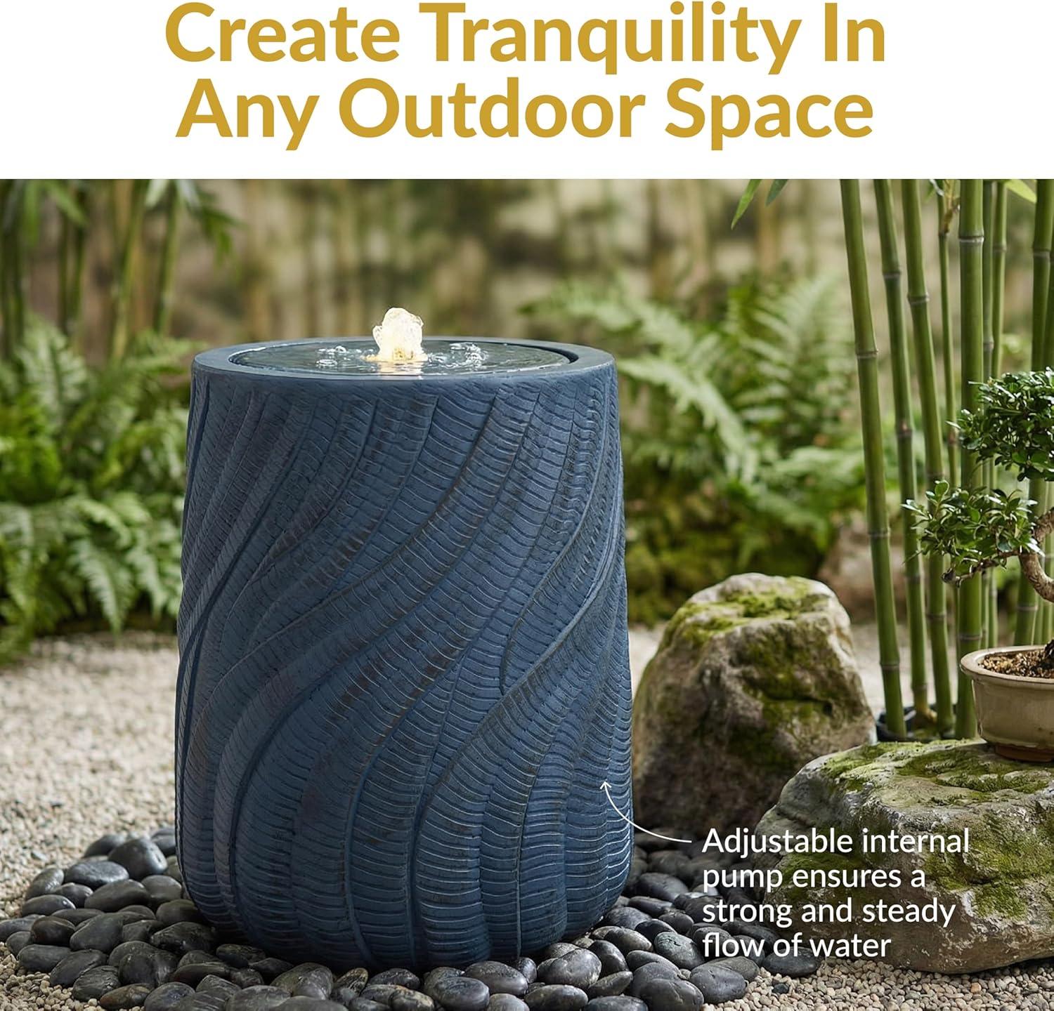 image:imageSunnydaze Outdoor Water Fountain with LED Light Textured Spiral Bubbler Water Feature with Pump 22 H for Patio Garden Deck Relaxation and Stress Relief WhiteBlue