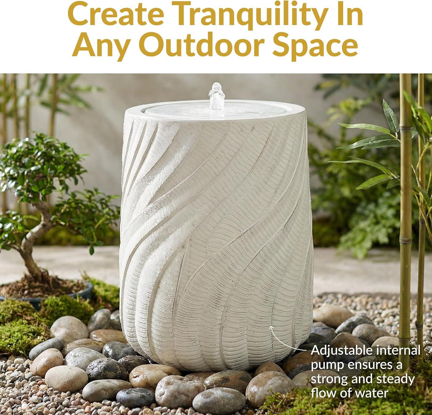 image:imageSunnydaze Outdoor Water Fountain with LED Light Textured Spiral Bubbler Water Feature with Pump 22 H for Patio Garden Deck Relaxation and Stress Relief WhiteWhite
