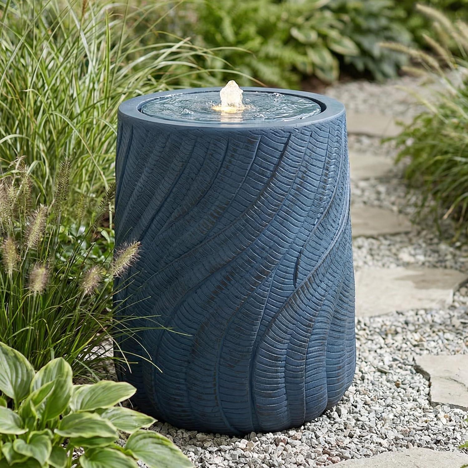 image:imageSunnydaze Outdoor Water Fountain with LED Light Textured Spiral Bubbler Water Feature with Pump 22 H for Patio Garden Deck Relaxation and Stress Relief WhiteBlue