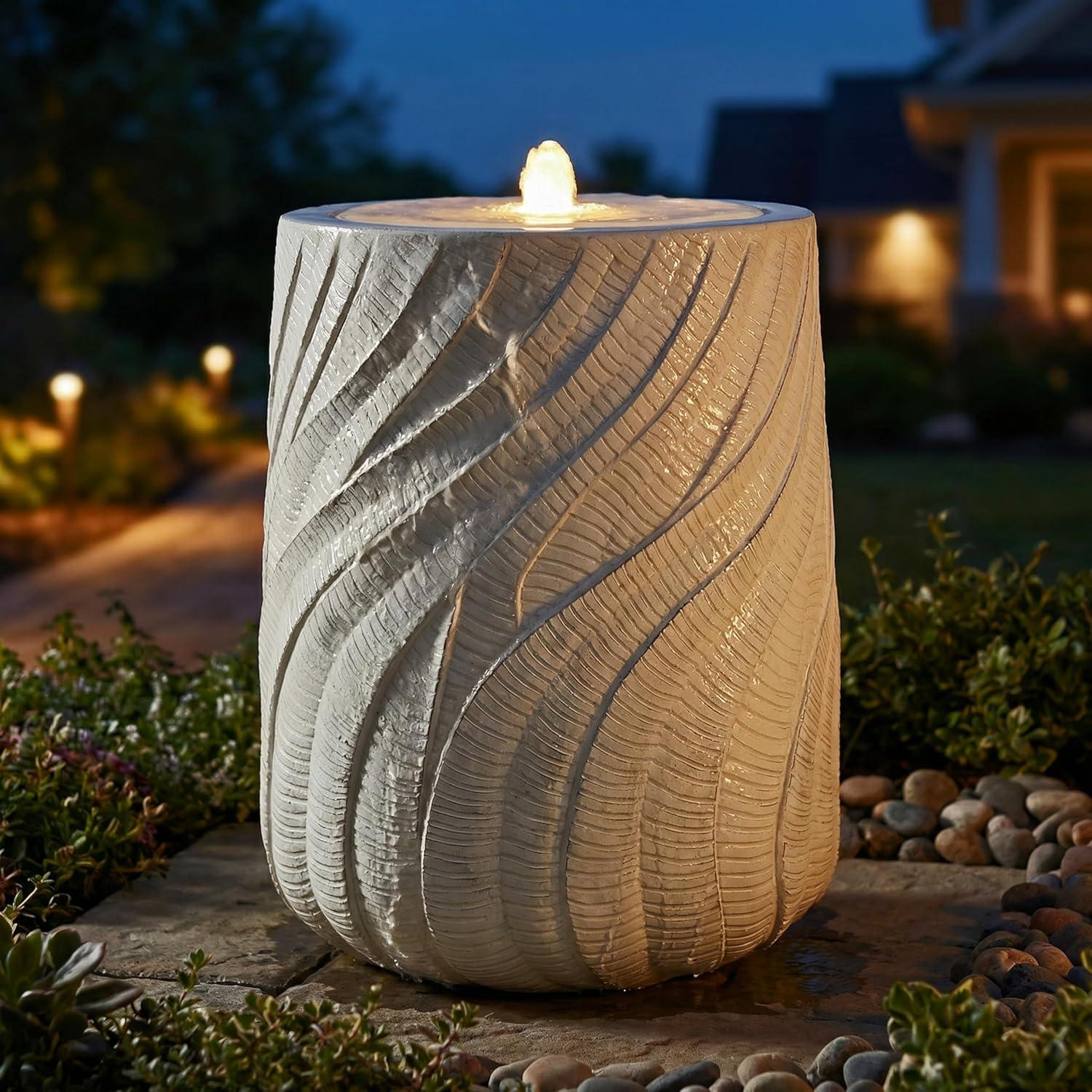 image:imageSunnydaze Outdoor Water Fountain with LED Light Textured Spiral Bubbler Water Feature with Pump 22 H for Patio Garden Deck Relaxation and Stress Relief WhiteWhite