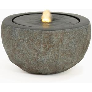 Sunnydaze Outdoor Water Fountain with LED Light – Polystone Round Bowl Bubbler Water Feature with Pump – 9.5″ H – for Patio, Garden, Deck, Relaxation and Stress Relief – Gray(Gray)