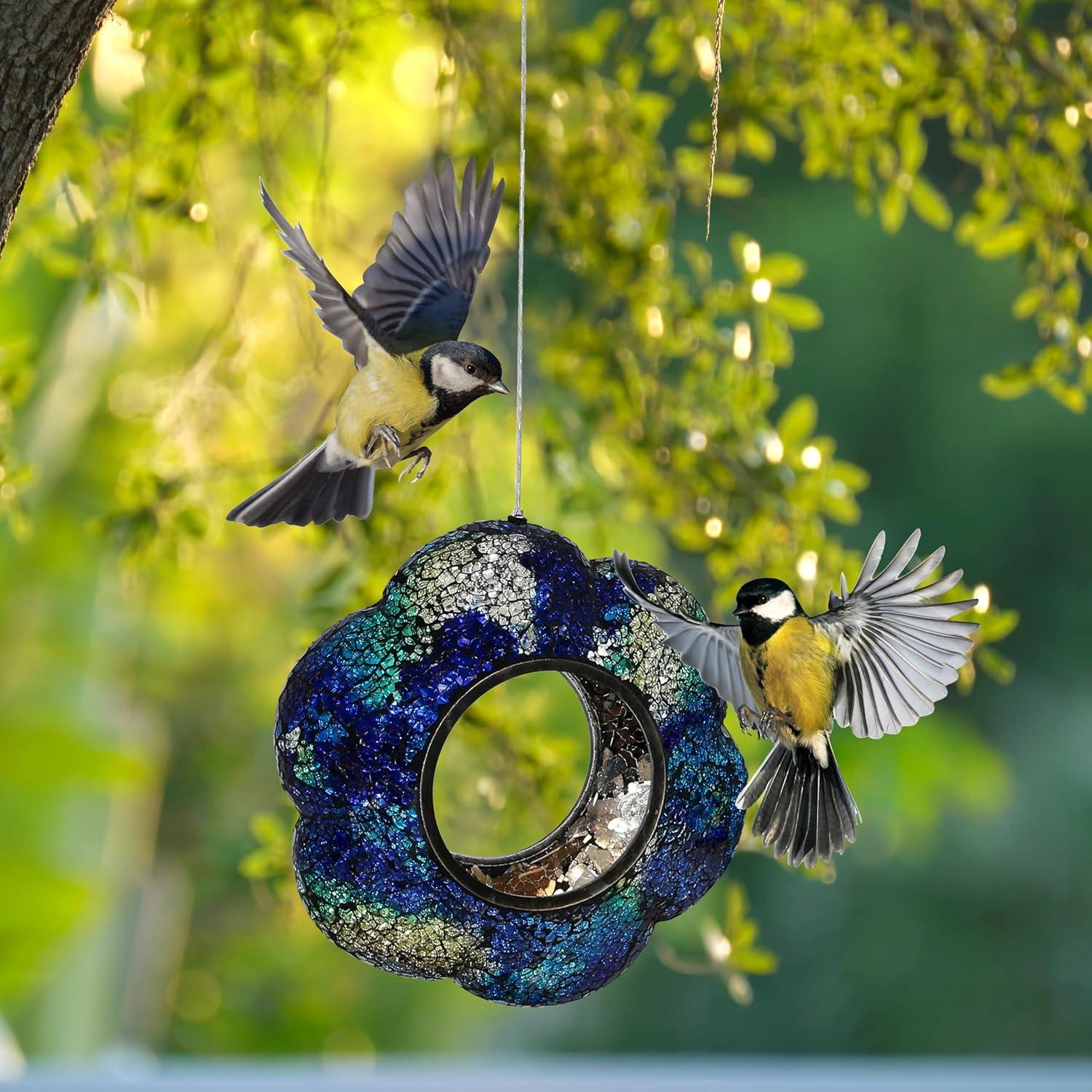 image:imageSunnydaze 10Inch Glass Mosaic Hanging Bird Feeder for Outdoors FlyThrough Glass Bird Feeder for Cardinals Jays Finches and More Indigo Flower Mosaic Set of 6
