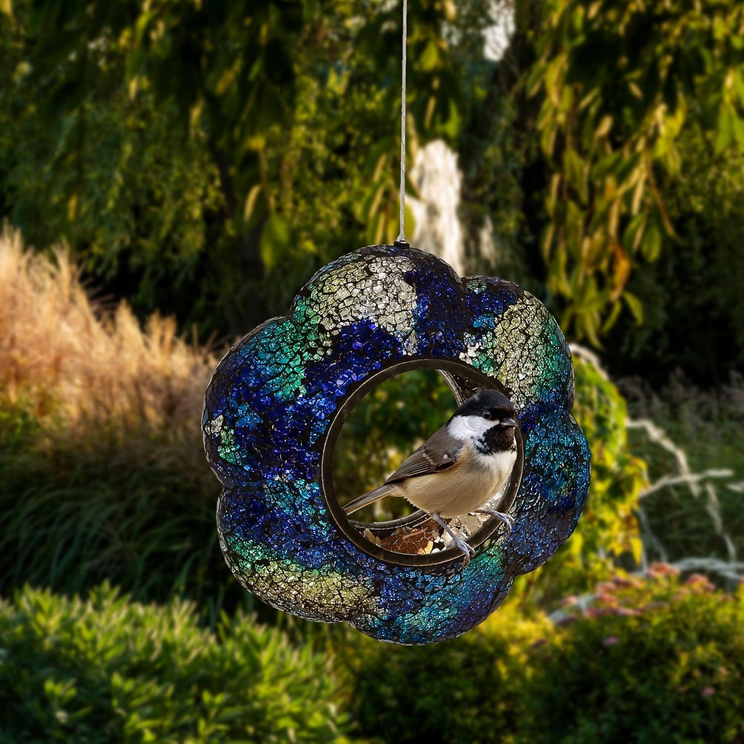 image:imageSunnydaze 10Inch Glass Mosaic Hanging Bird Feeder for Outdoors FlyThrough Glass Bird Feeder for Cardinals Jays Finches and More Indigo Flower Mosaic Set of 6